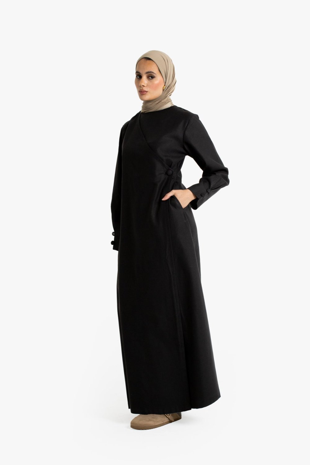 Cotton Tencel side-button wrap dress - Black