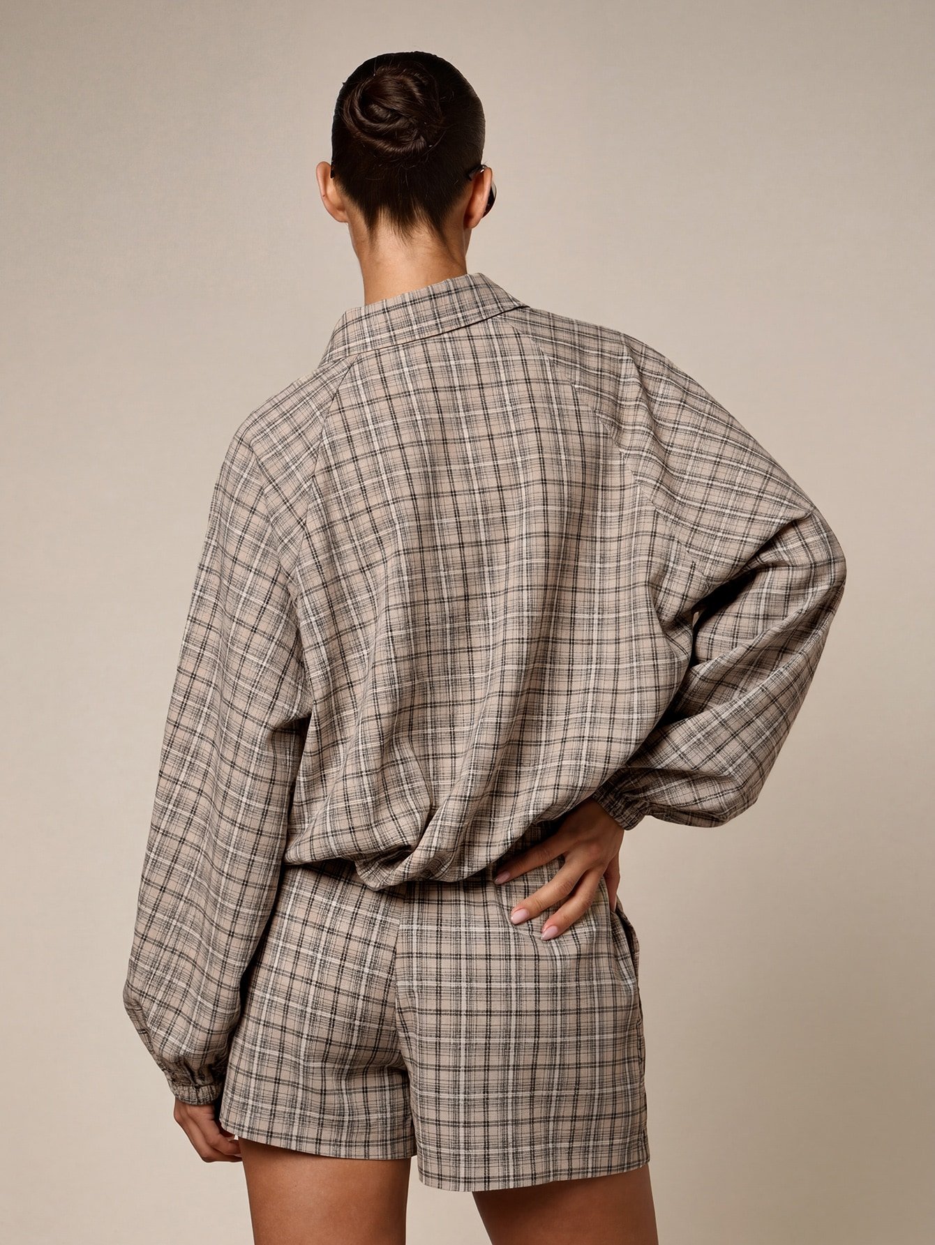 Oversized cropped check zip jacket