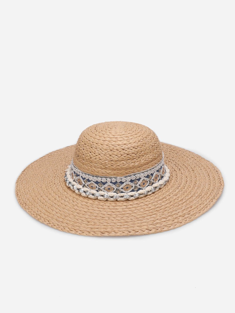 Taupe straw floppy hat with embroidered band