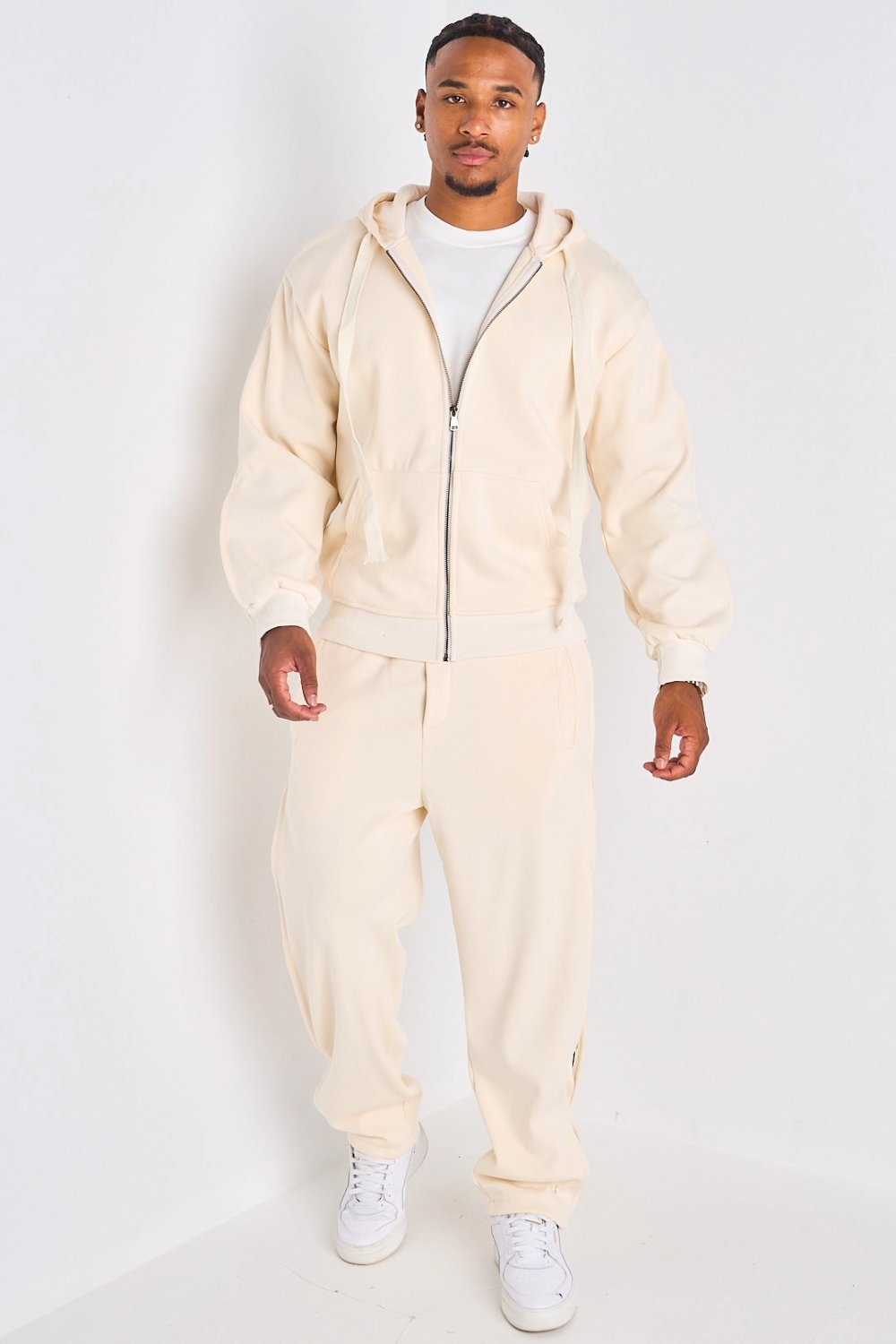 Beige hooded tracksuit with stripes