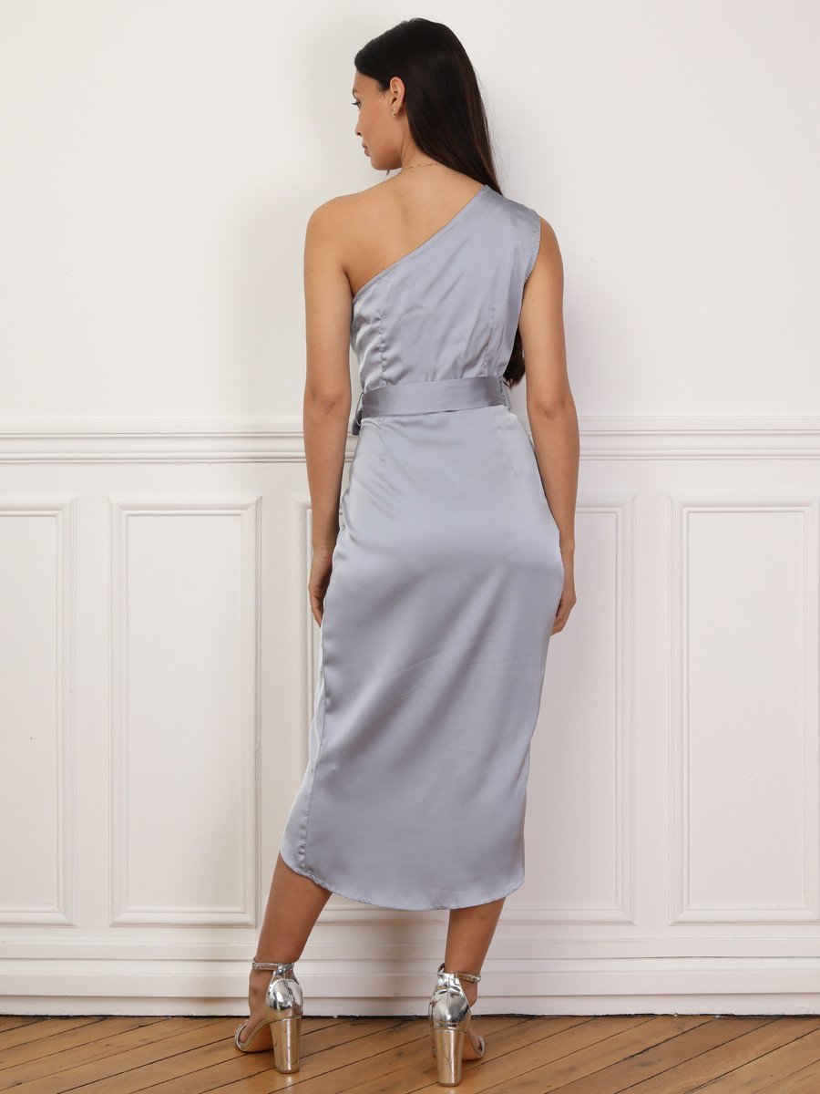 Robe portefeuille satinée asymétrique bleu glacier