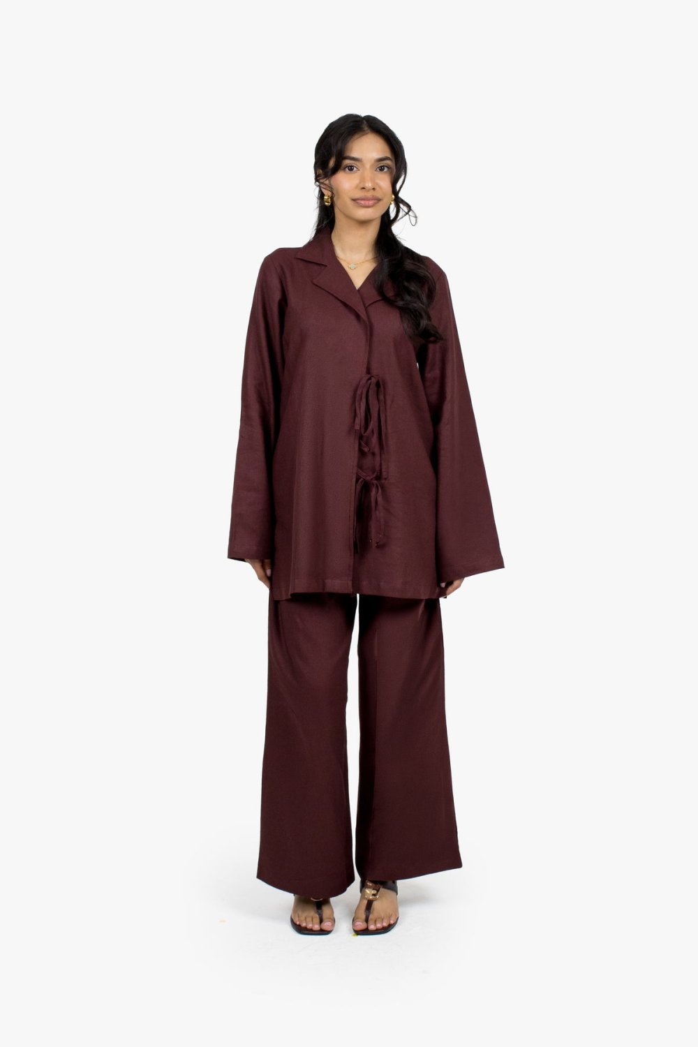 Wide-leg linen cotton trousers - Chocolate