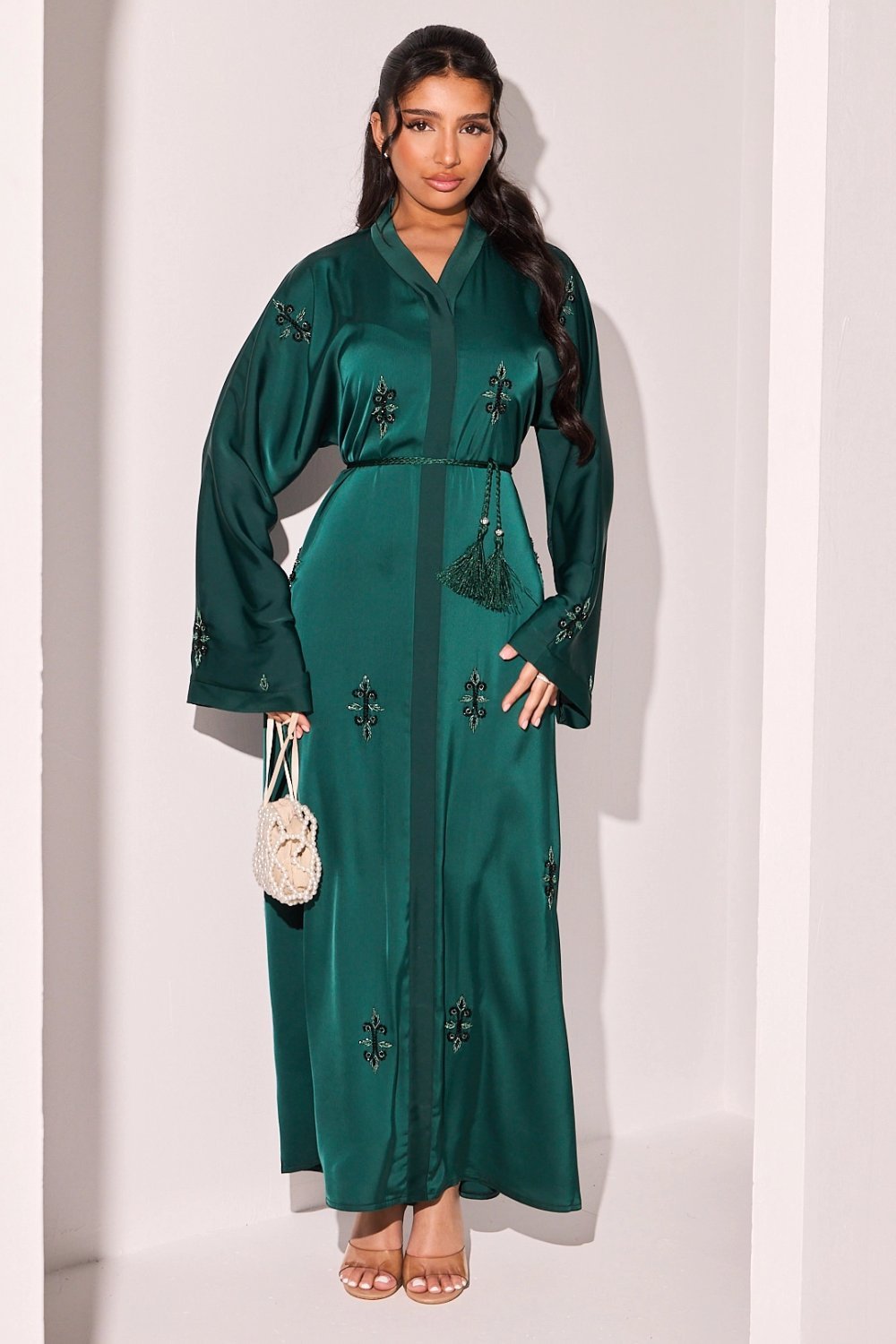 Dark green abaya with floral rhinestones