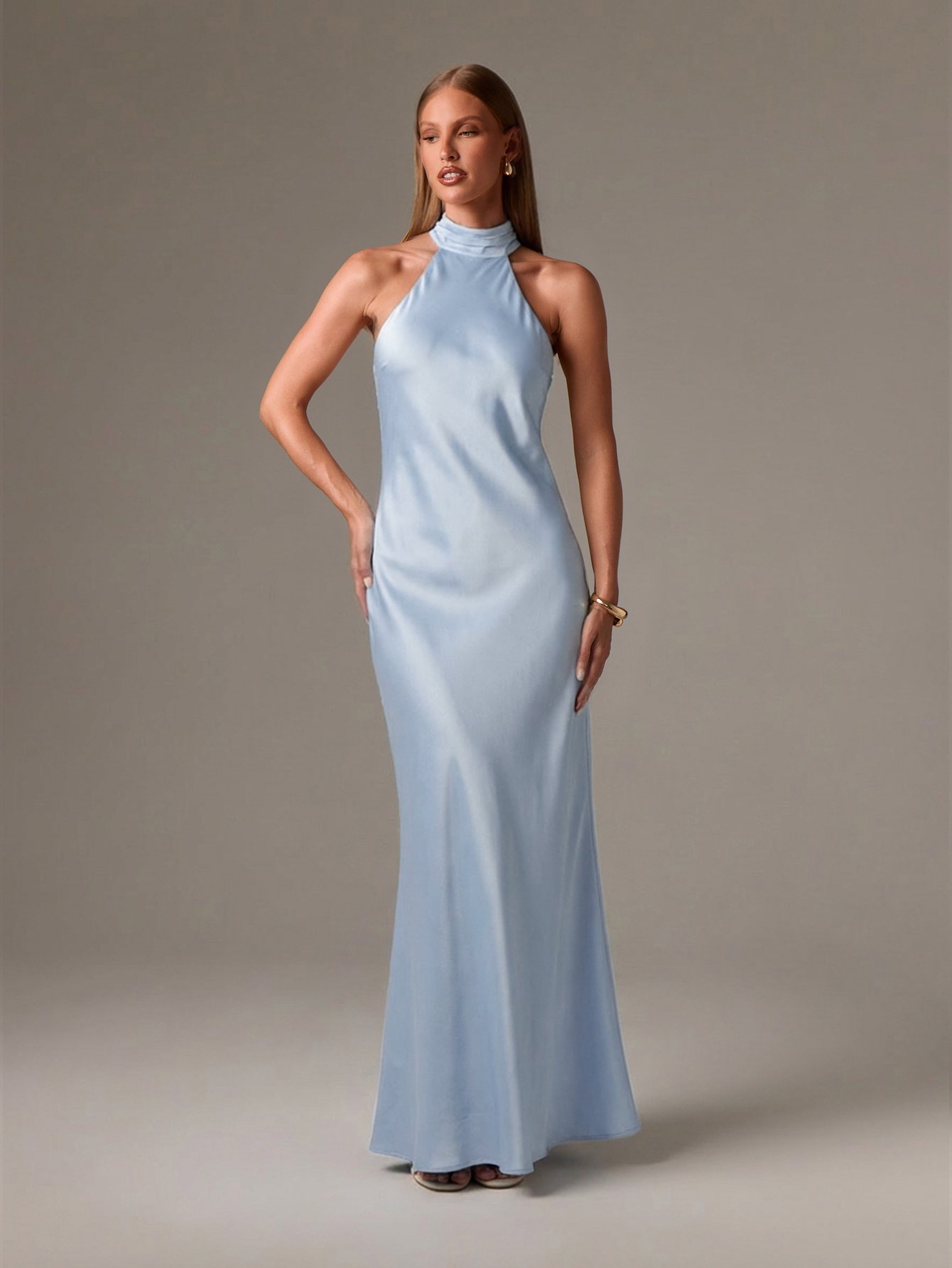 Backless satin maxi evening dress