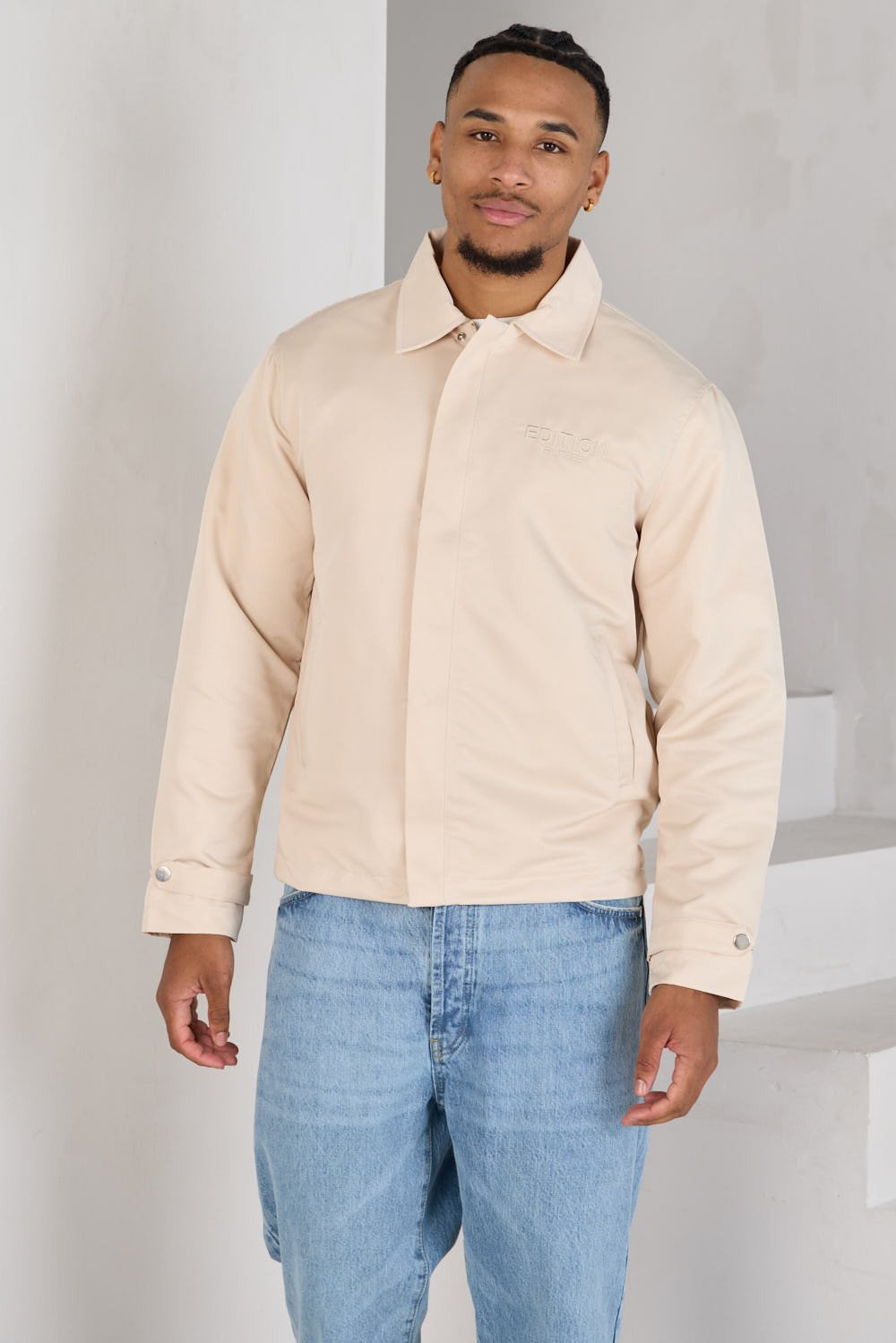 Beige zip and button jacket with lapel collar