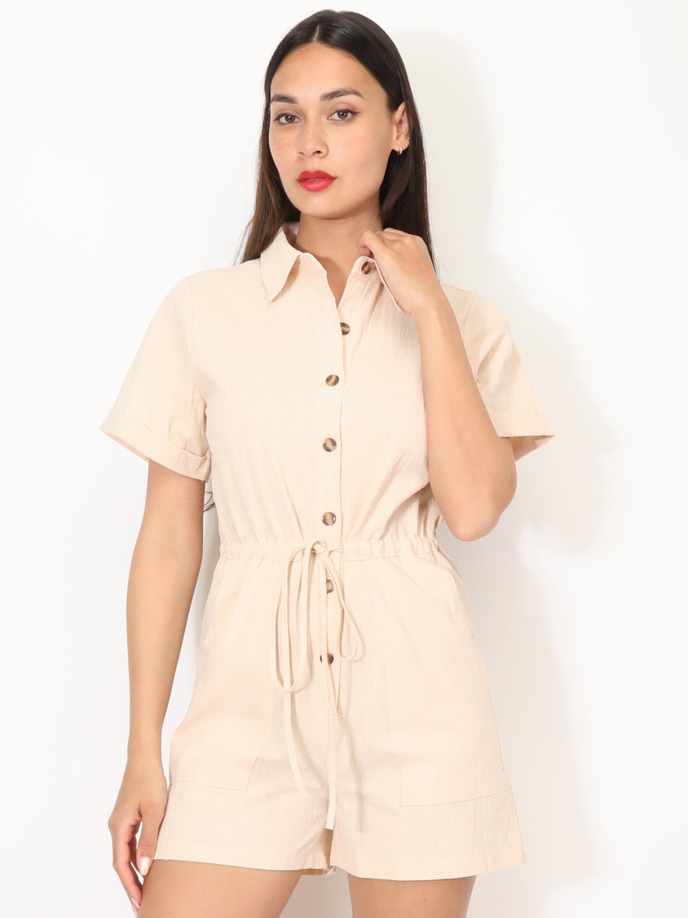 Combi-short b ceinture f coton, beige