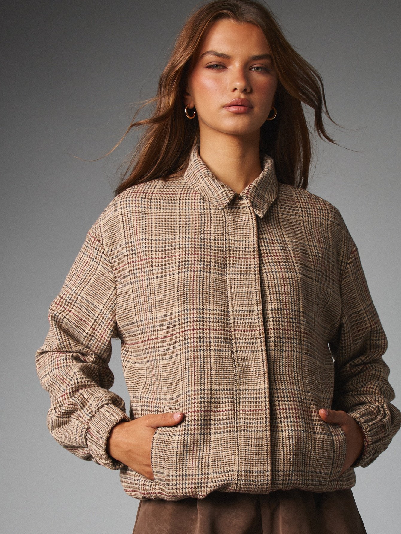 Oversized check bomber jacket with ribbed hem