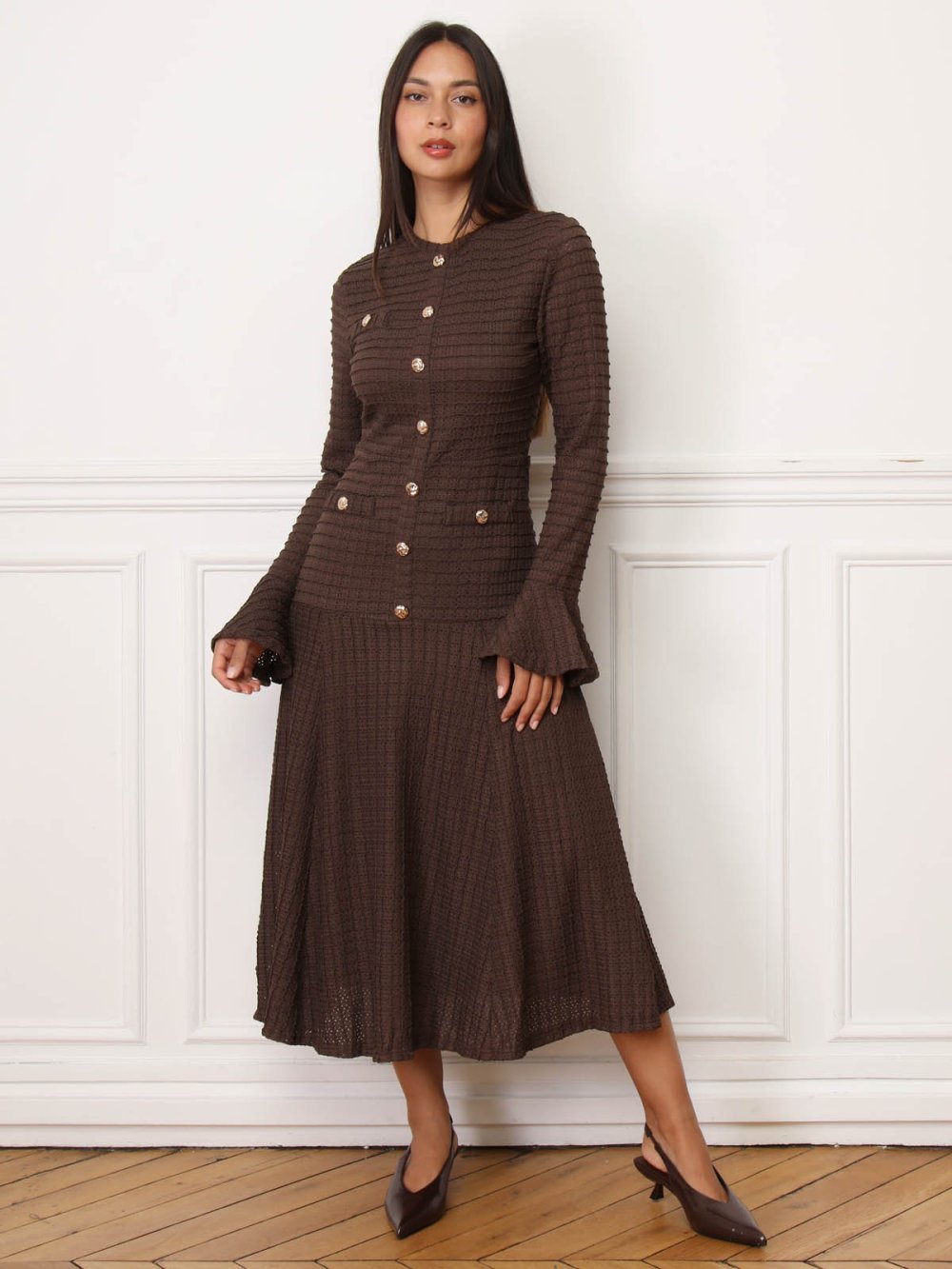 Brown buttoned open-knit flared dress