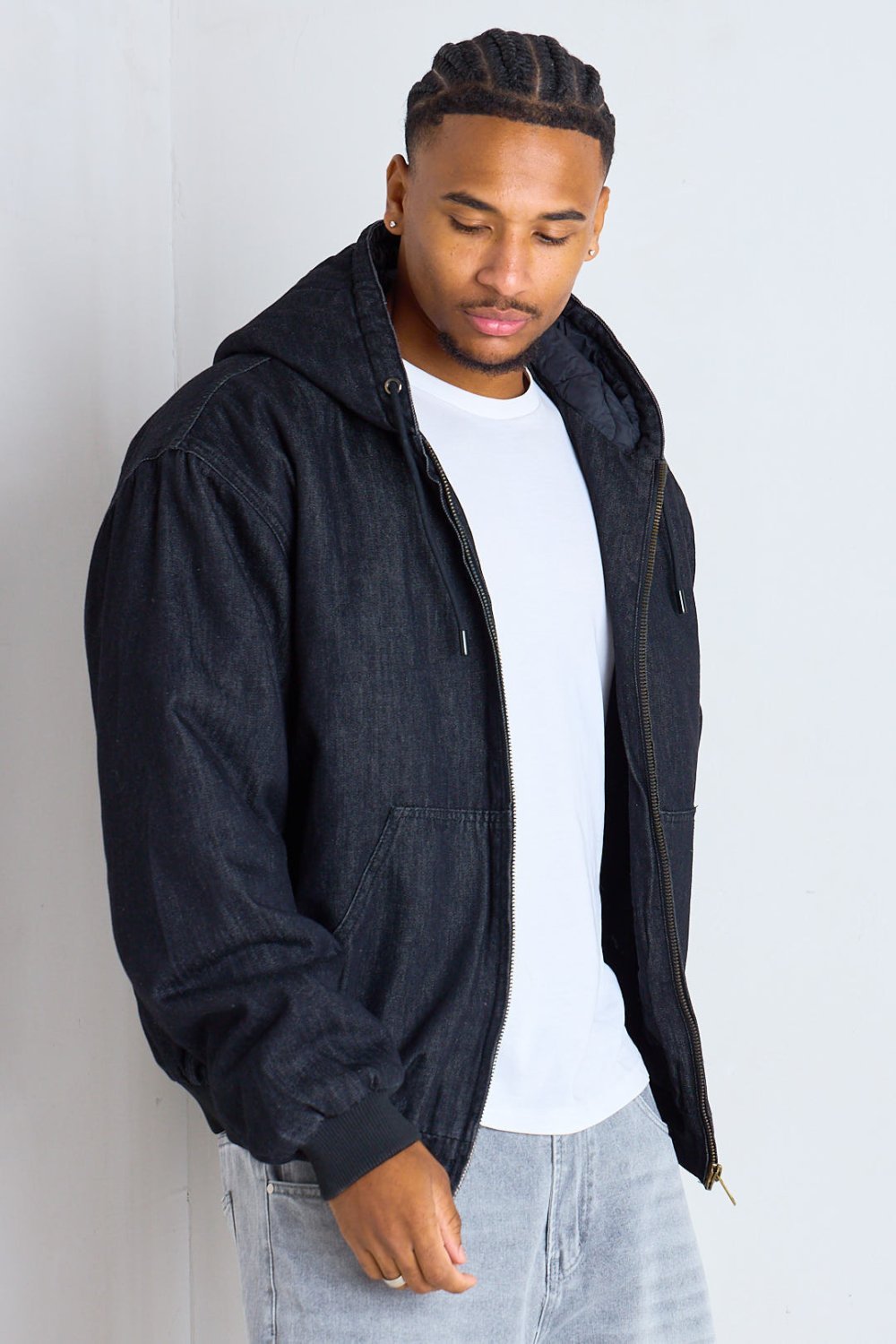 Black hooded padded-lined denim jacket