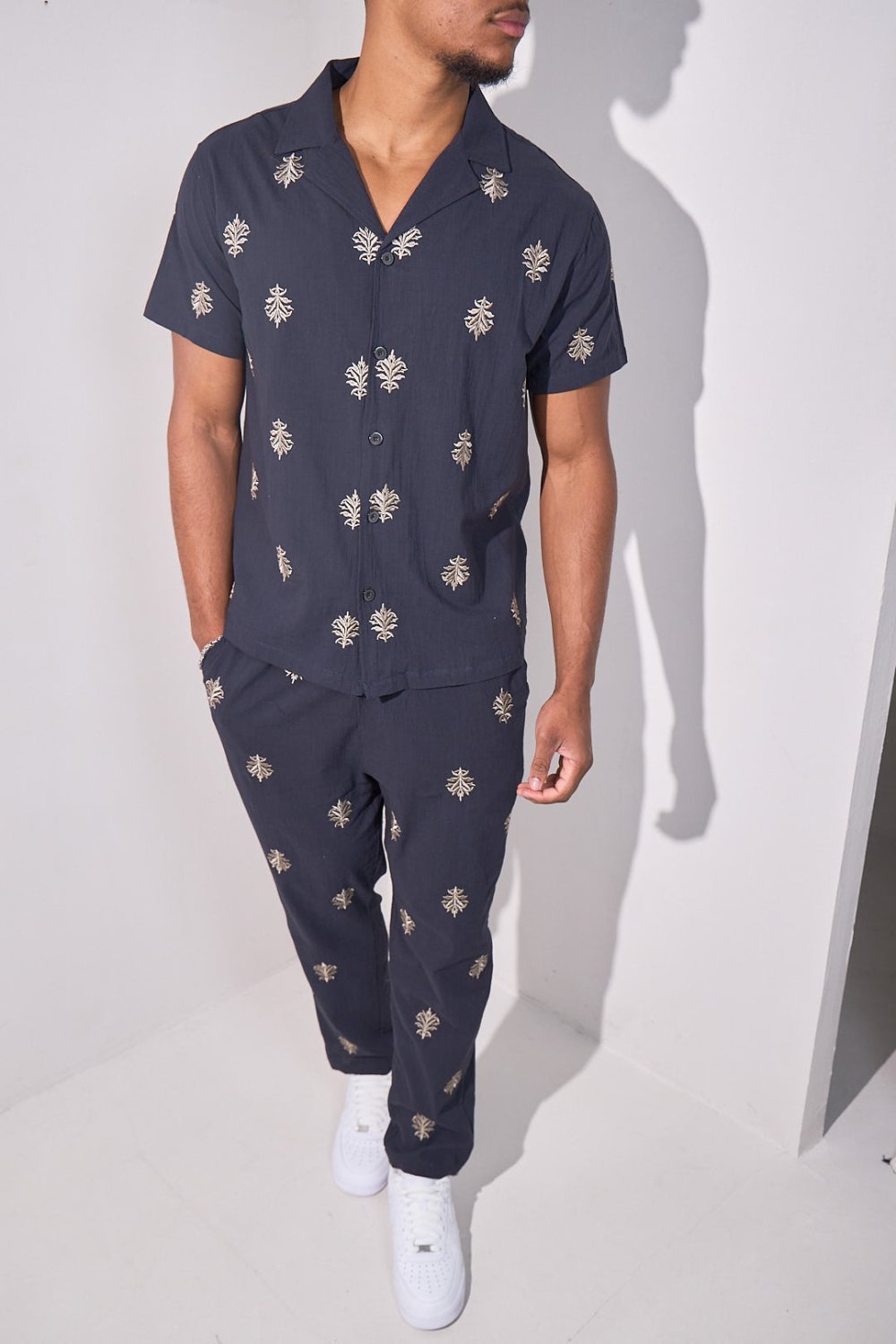 Navy embroidered linen-look shirt and trousers set