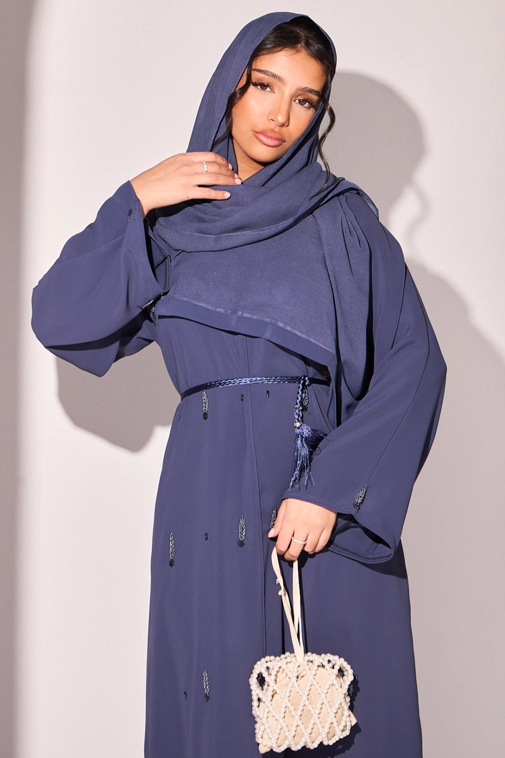 Abaya b strass sboula w nqat bleu foncé