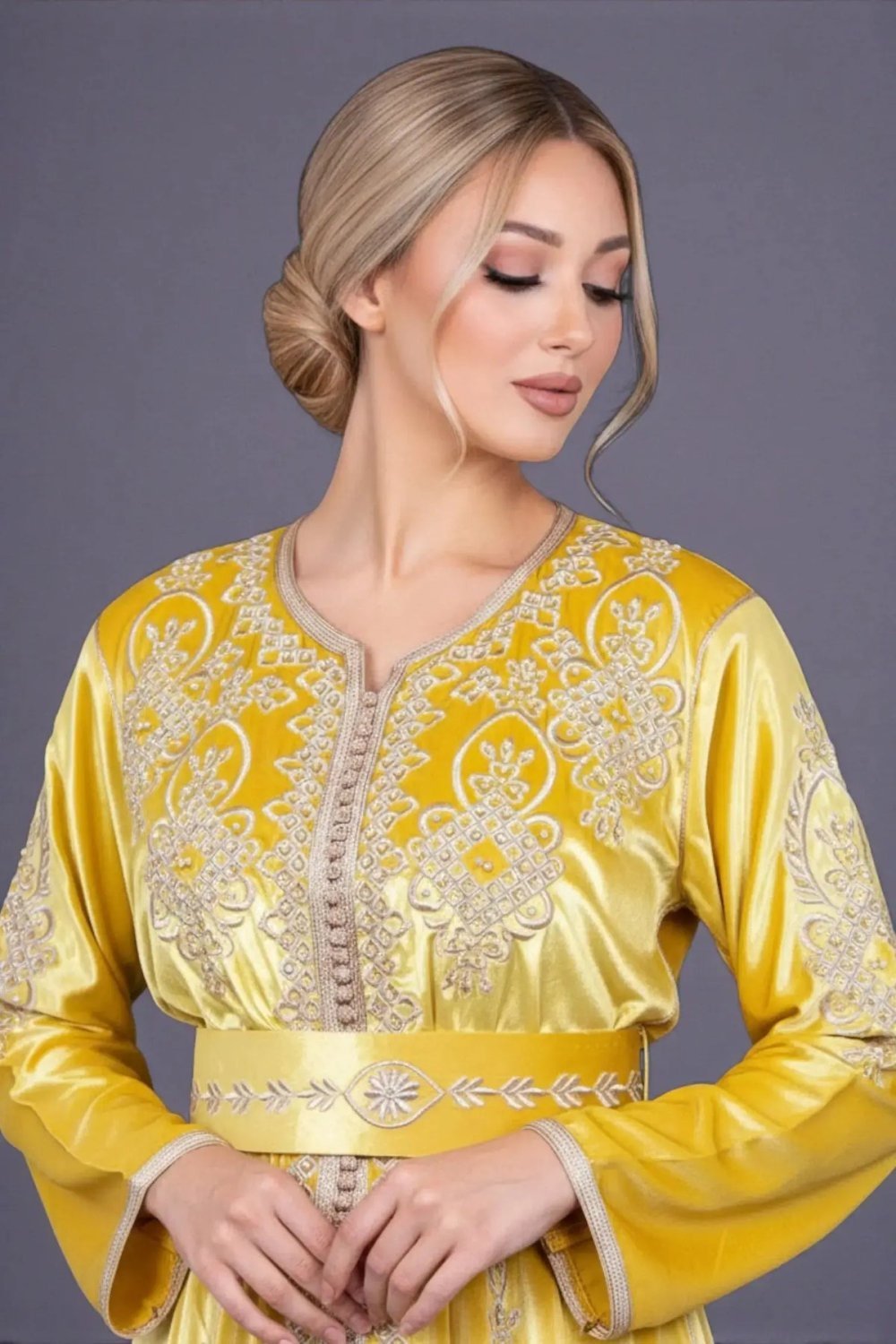 Mustard velvet kaftan embroidered front and back