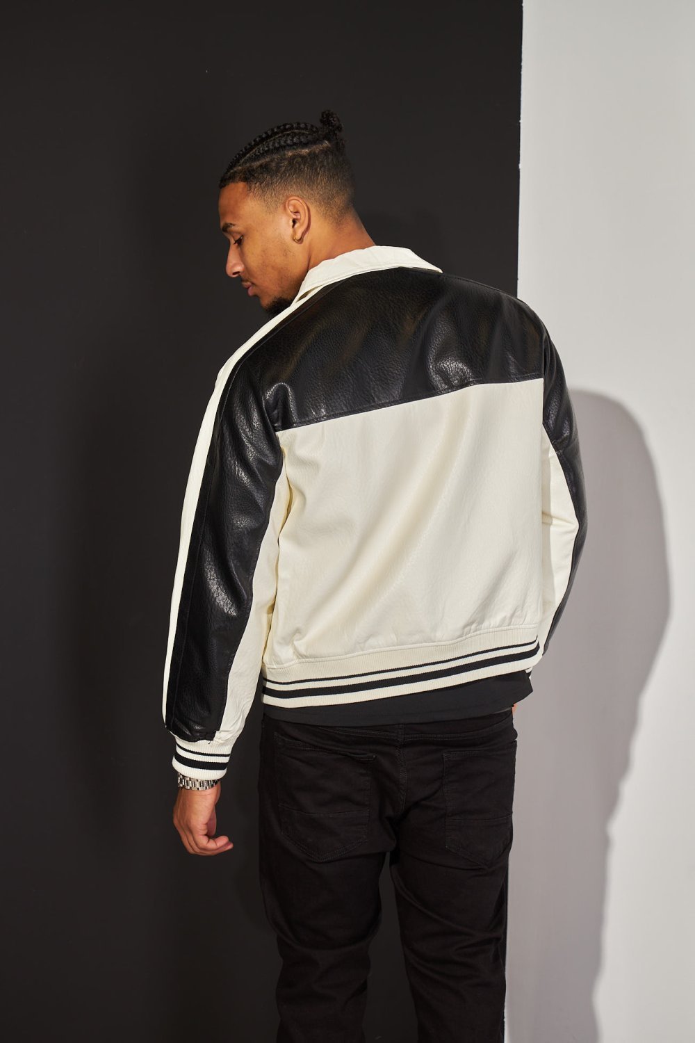 Ecru and black two-tone faux leather bomber