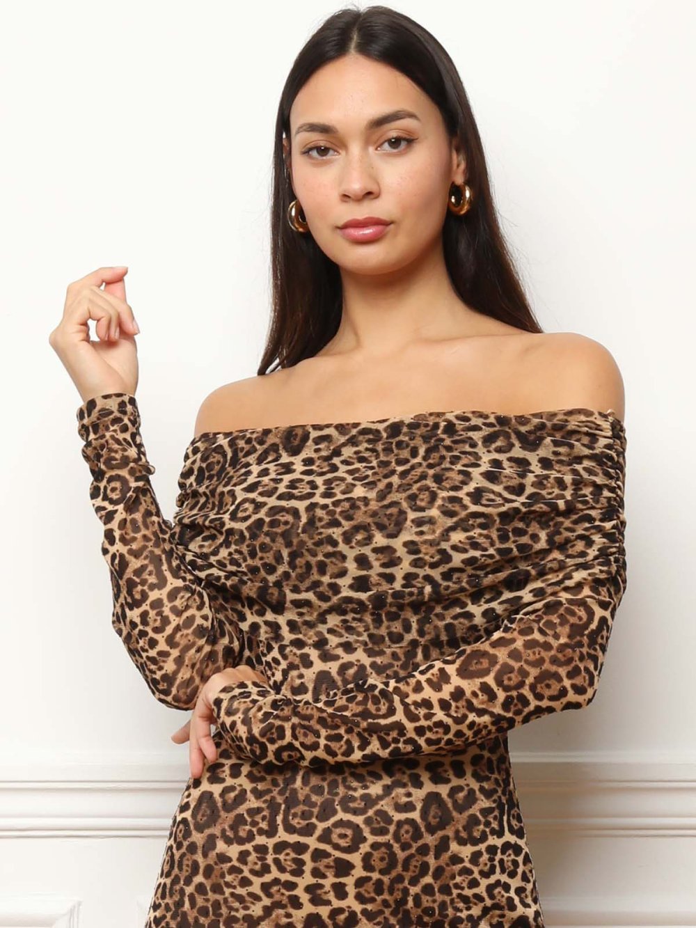 Robe longue col bardot imprimé animal