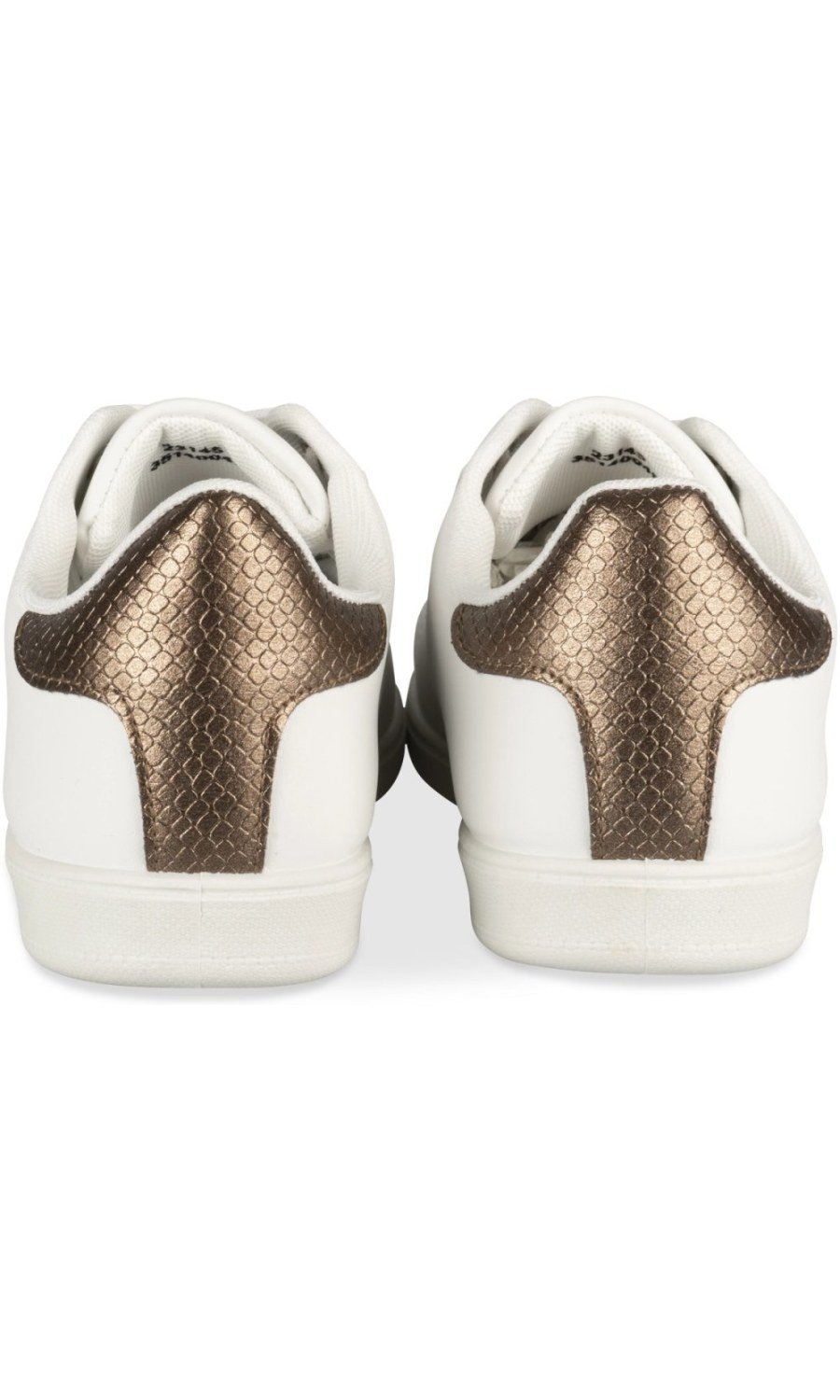 White sneakers with bronze side stripes