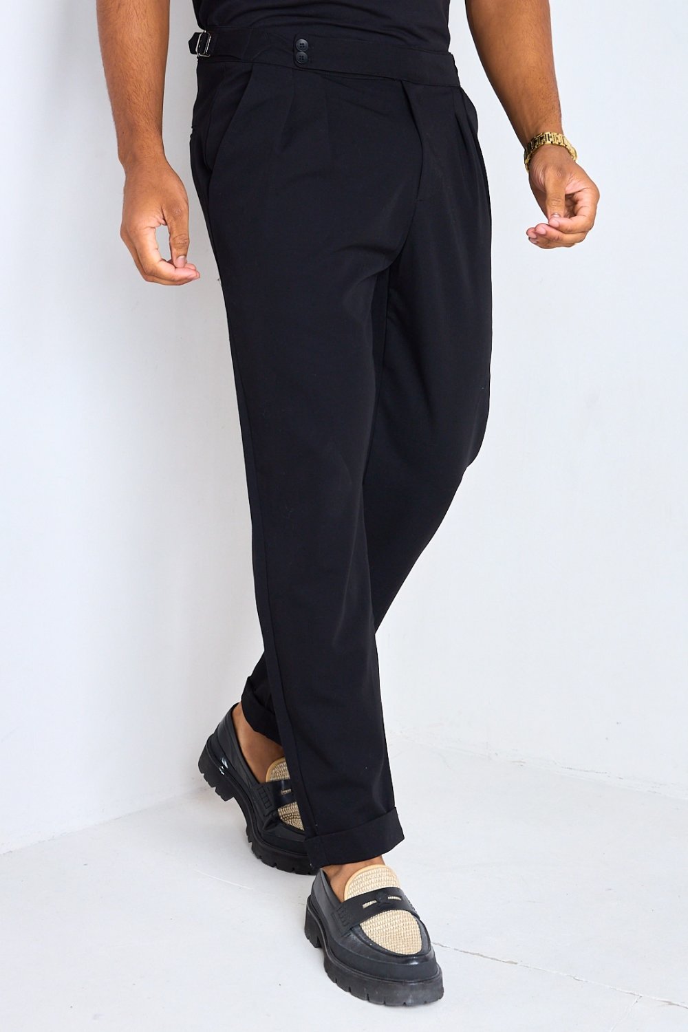 Pantalon à pinces droit à empiècements noir