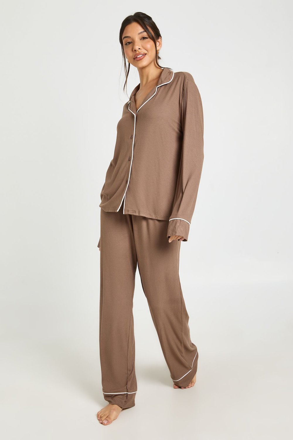 Pyjama chemise w sarwal côtelé chocolat