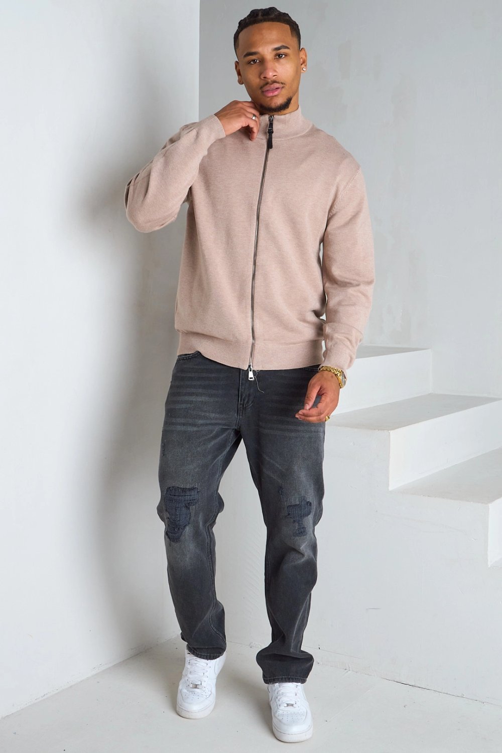 Beige crew neck jacket with two-way zip