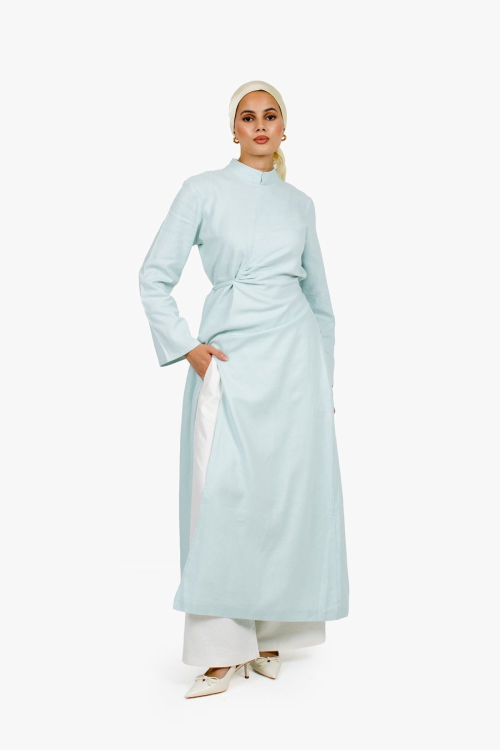 Ruched slit linen cotton maxi dress - Sky blue