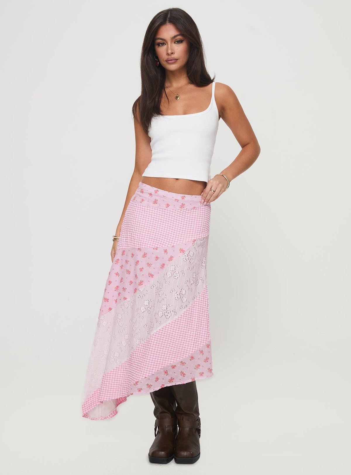 Printed asymmetric maxi skirt with lace
