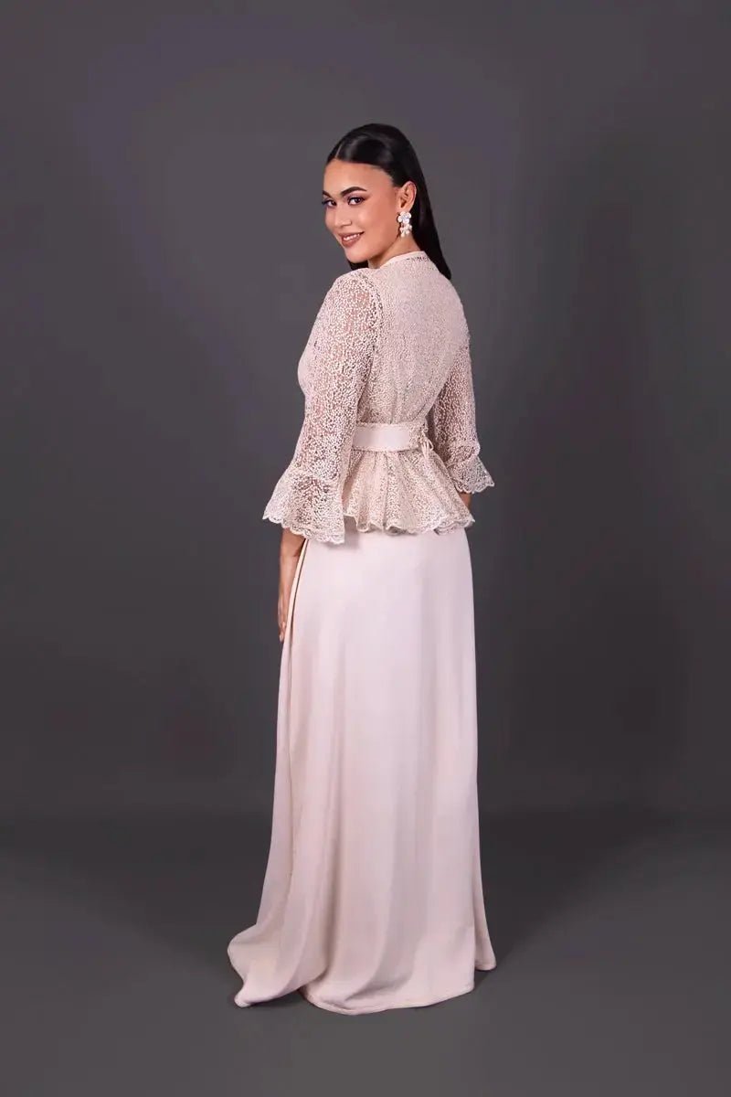 Crepe kaftan with beige peplum lace jacket