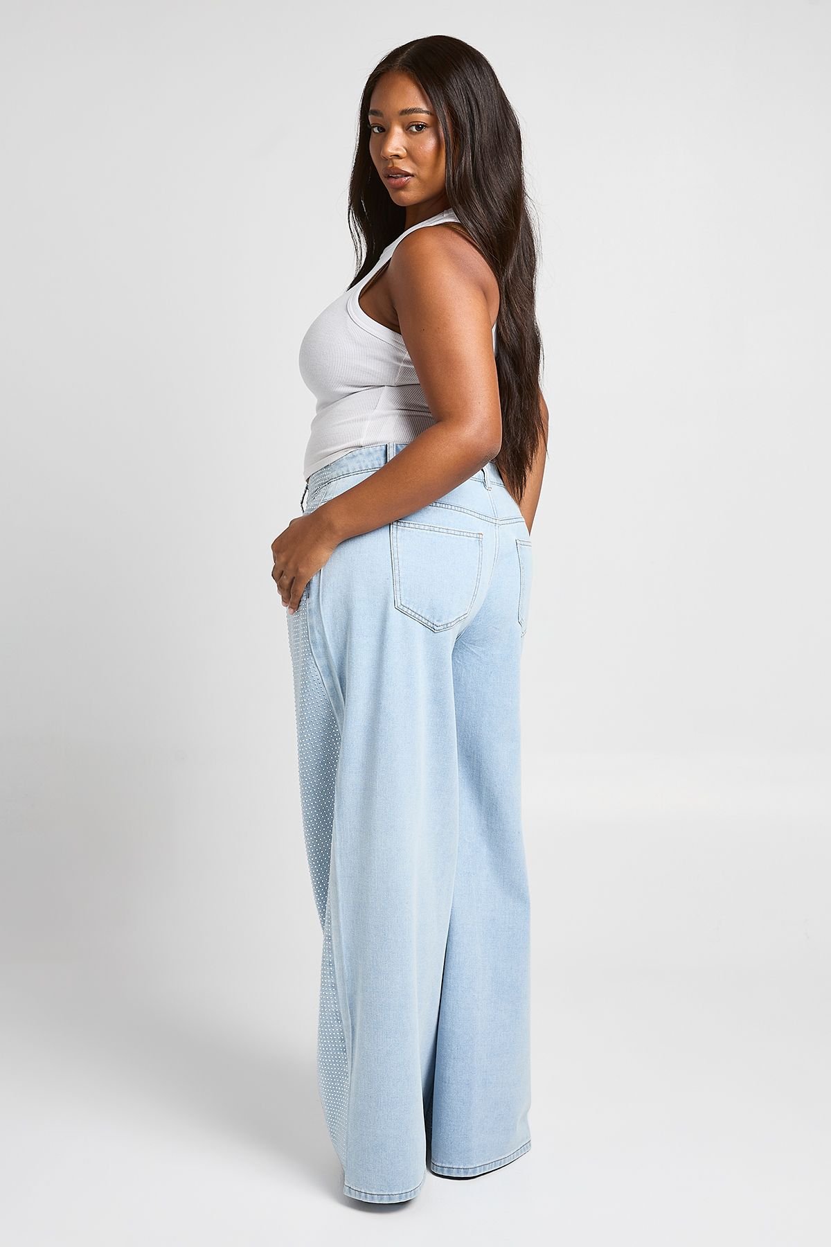 Jean large taille haute orné de strass - Grande taille
