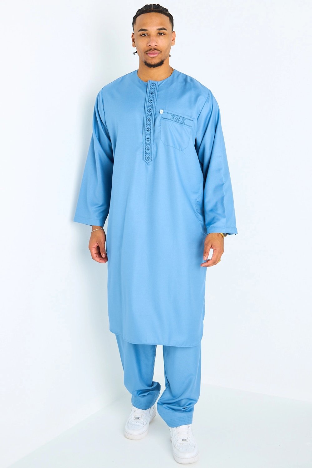Ensemble qamis w sarwal b motif géométrique bleu