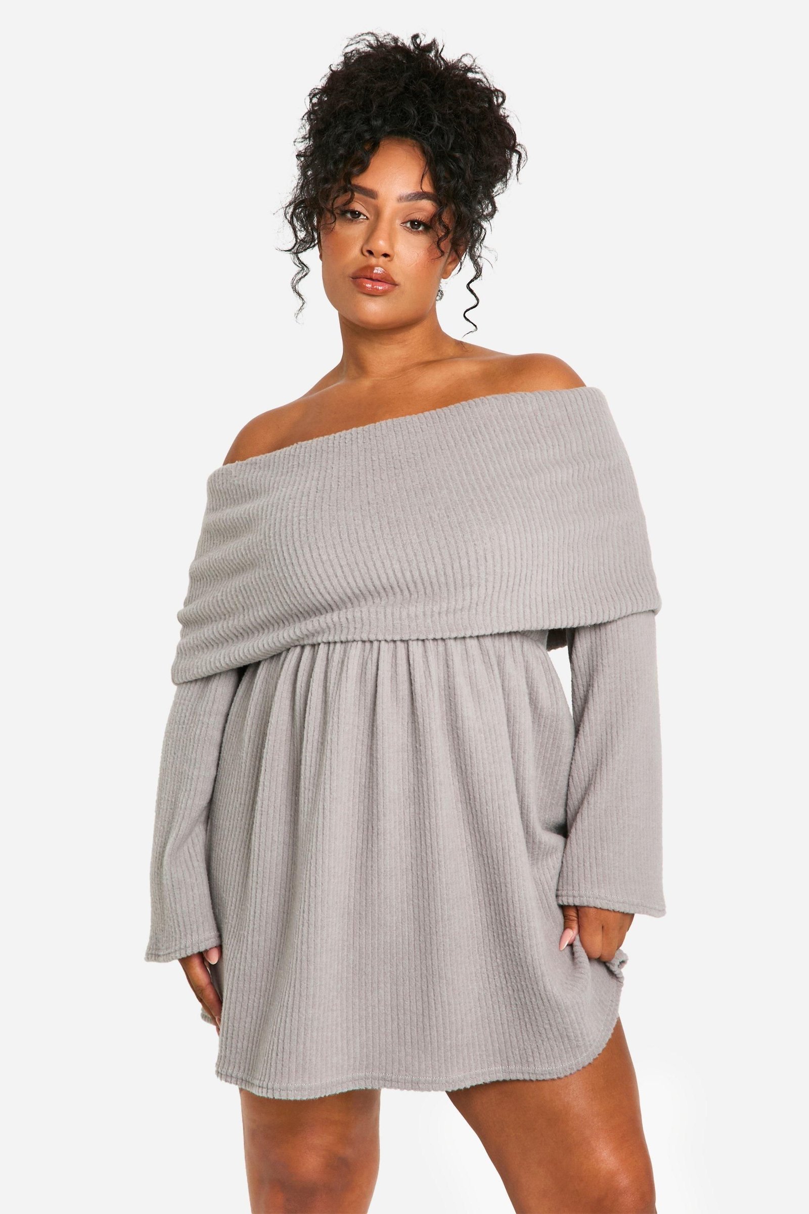 Plus Brushed Rib Off Shoulder Skater Dress