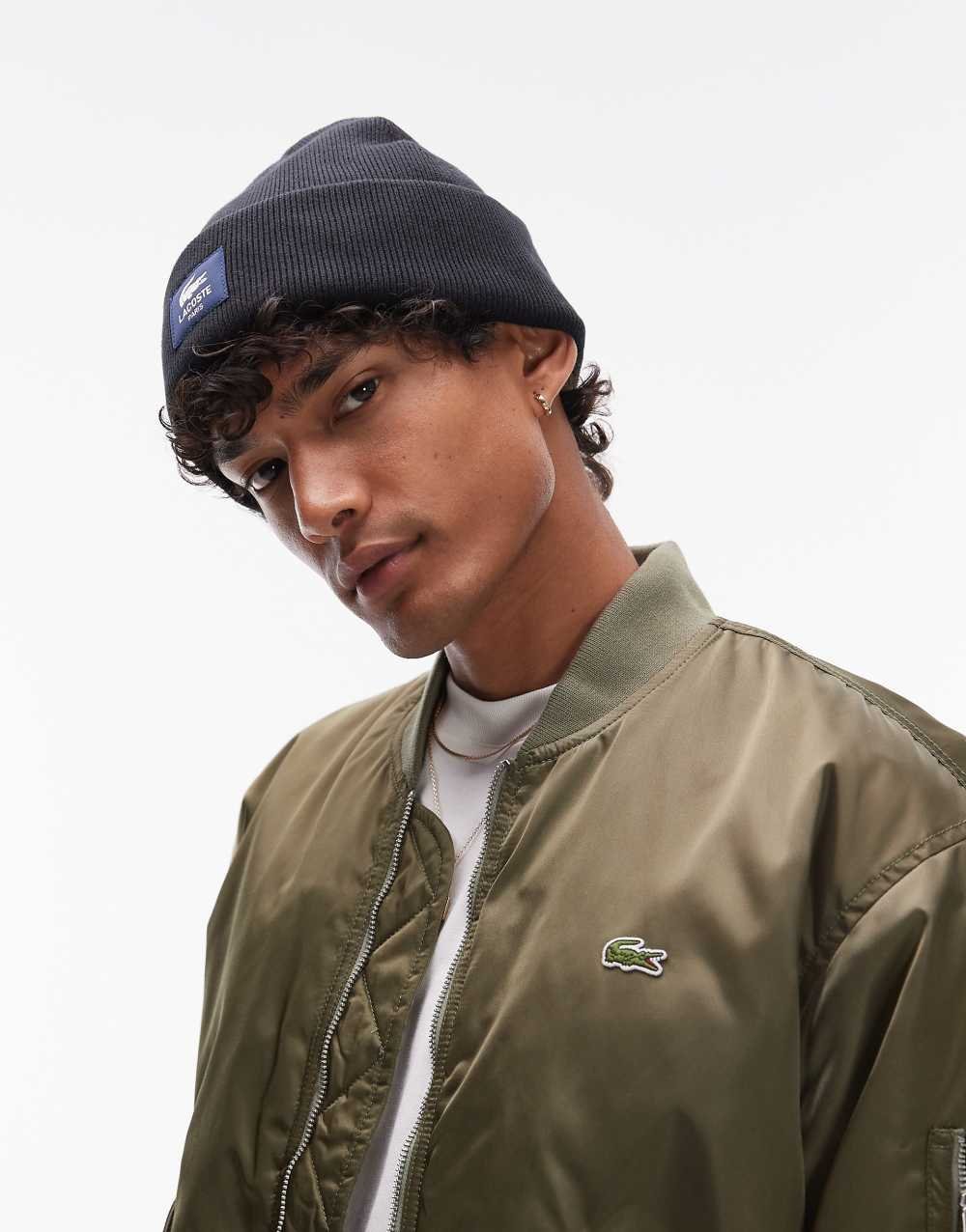 Logo tab turn-up beanie in navy