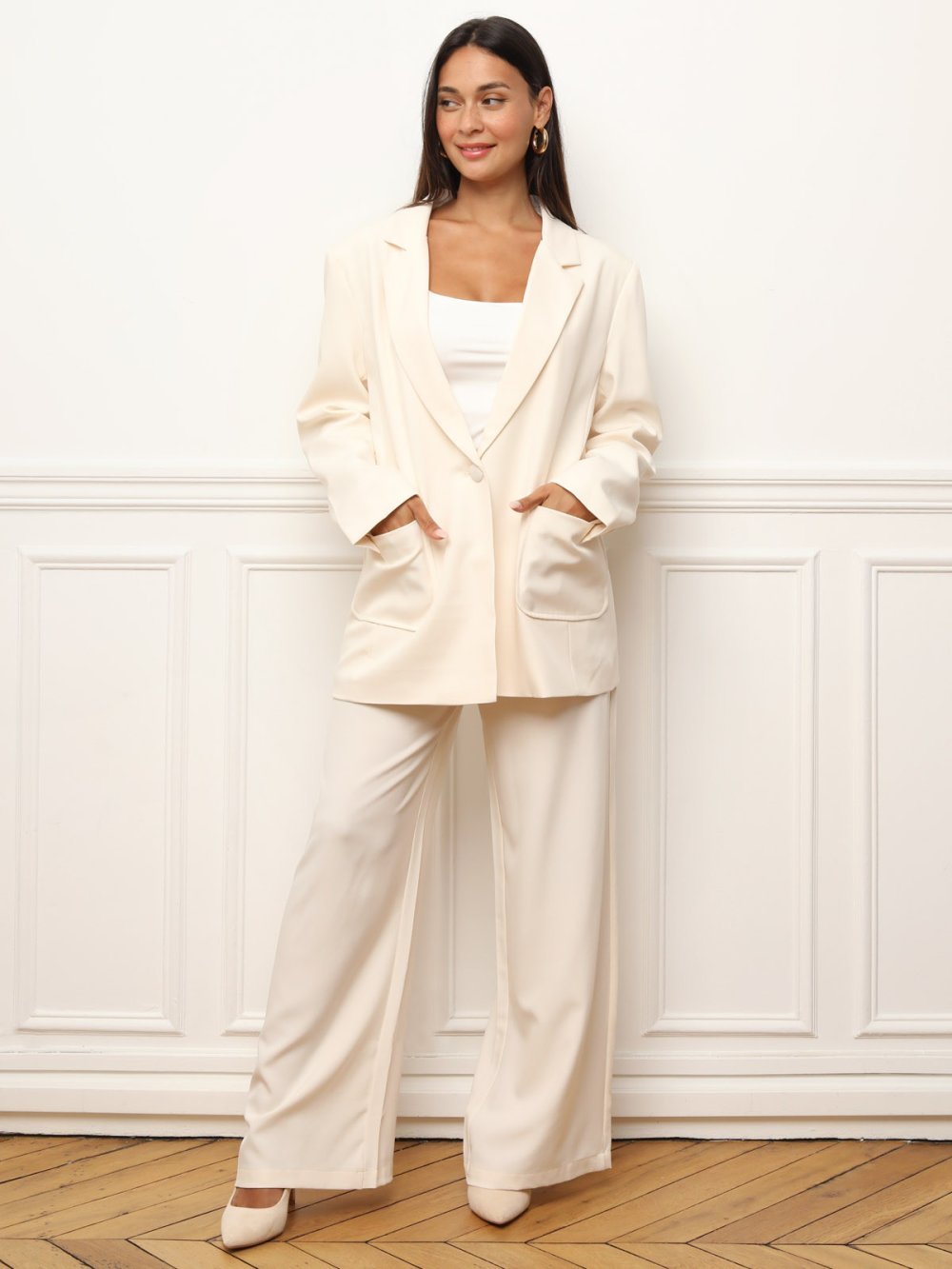 Beige oversized blazer with rounded patch pockets