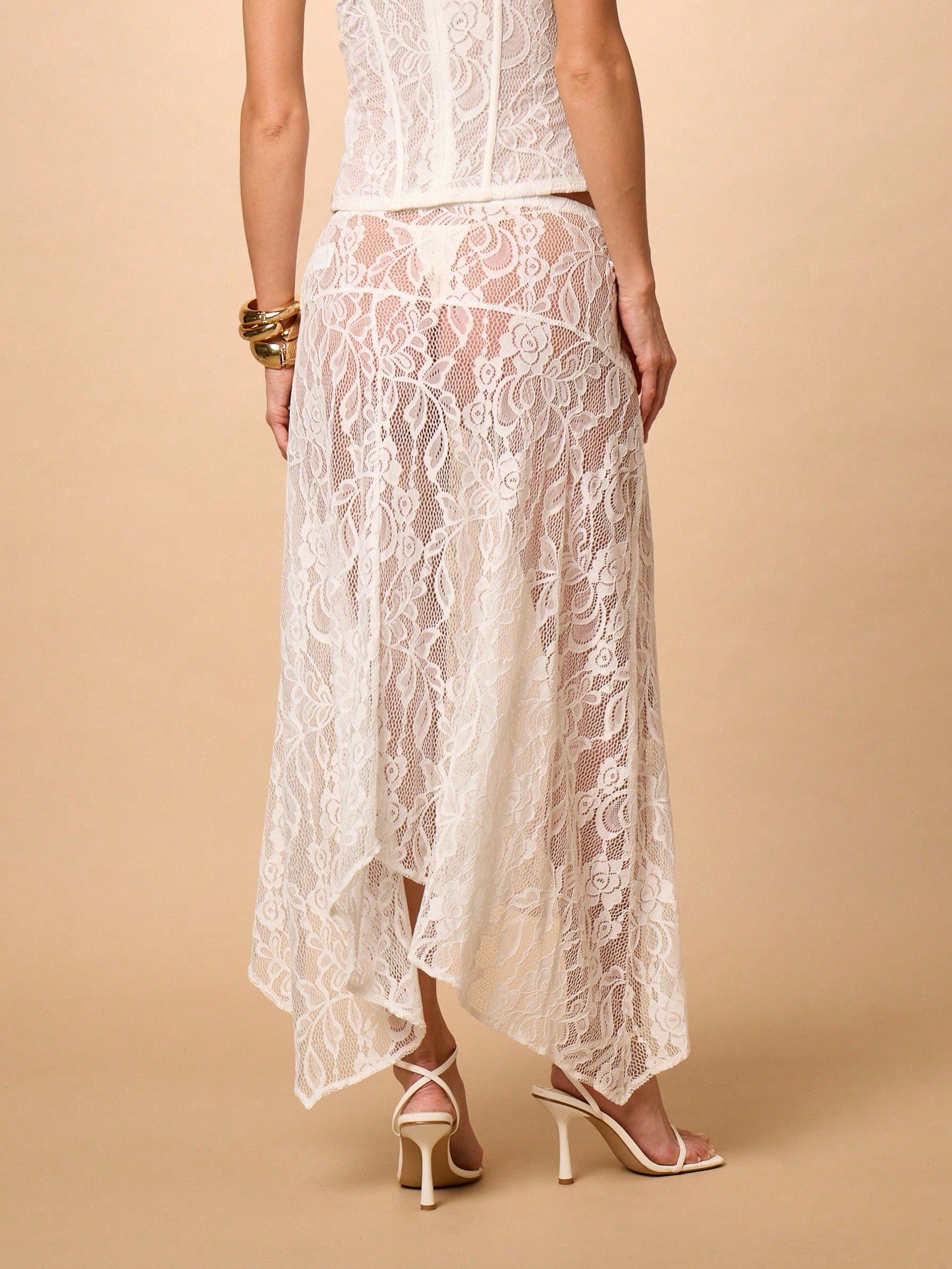 White lace asymmetric midi skirt