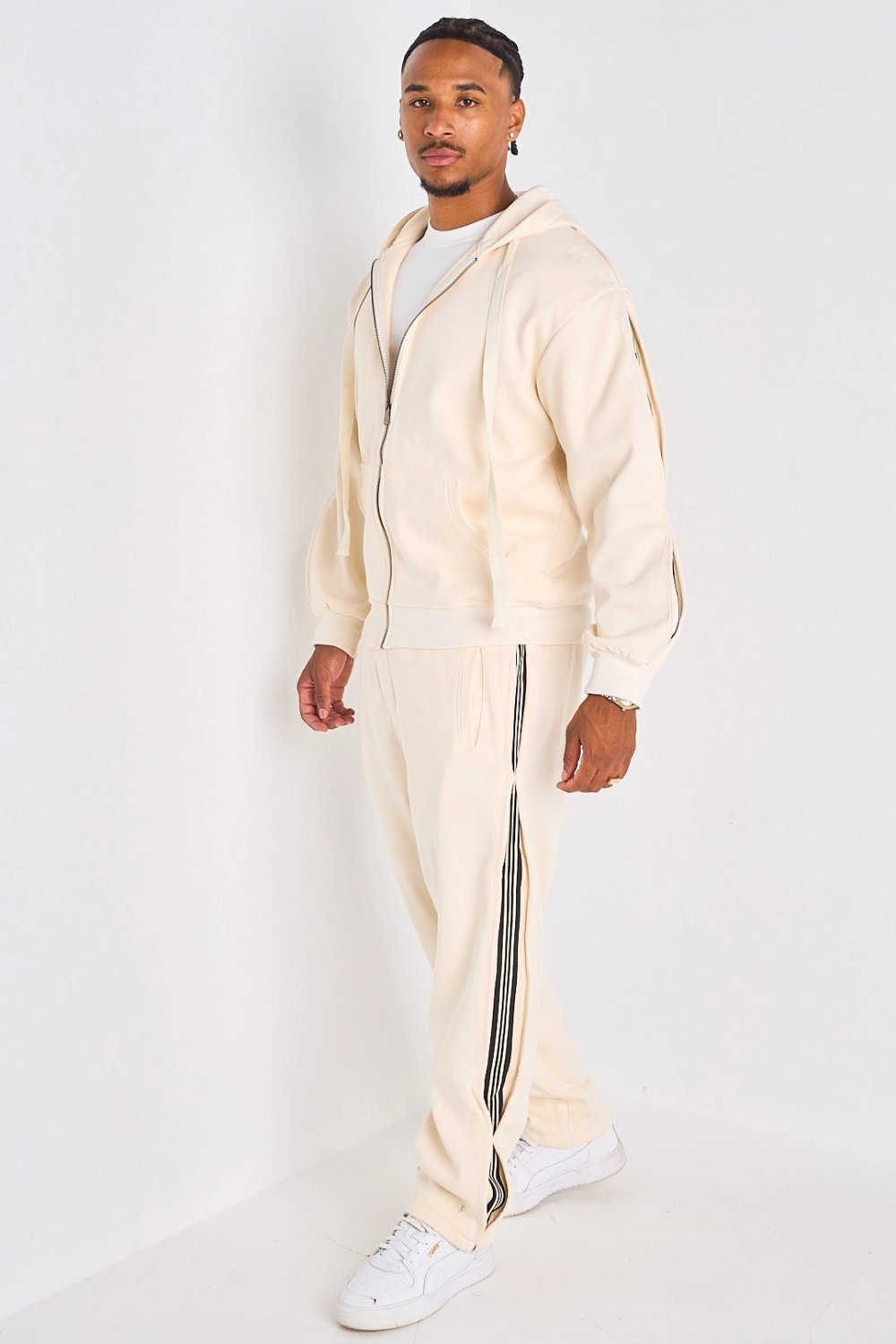 Beige hooded tracksuit with stripes