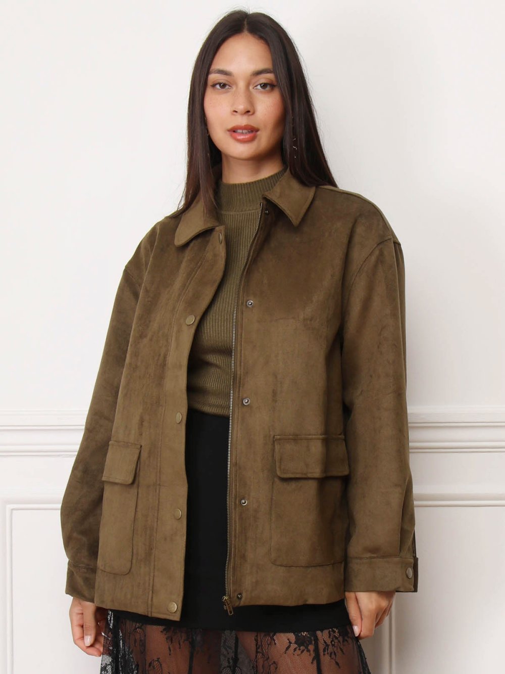 Khaki faux suede jacket with patch pockets