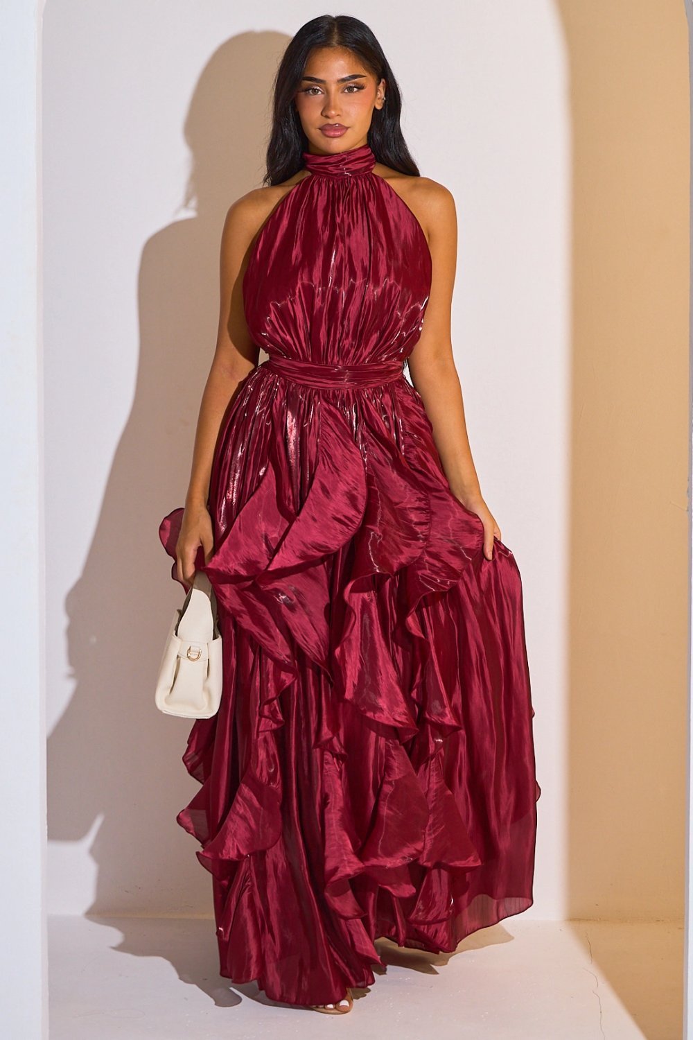 Robe twila satinée b col montant w volants bordeaux