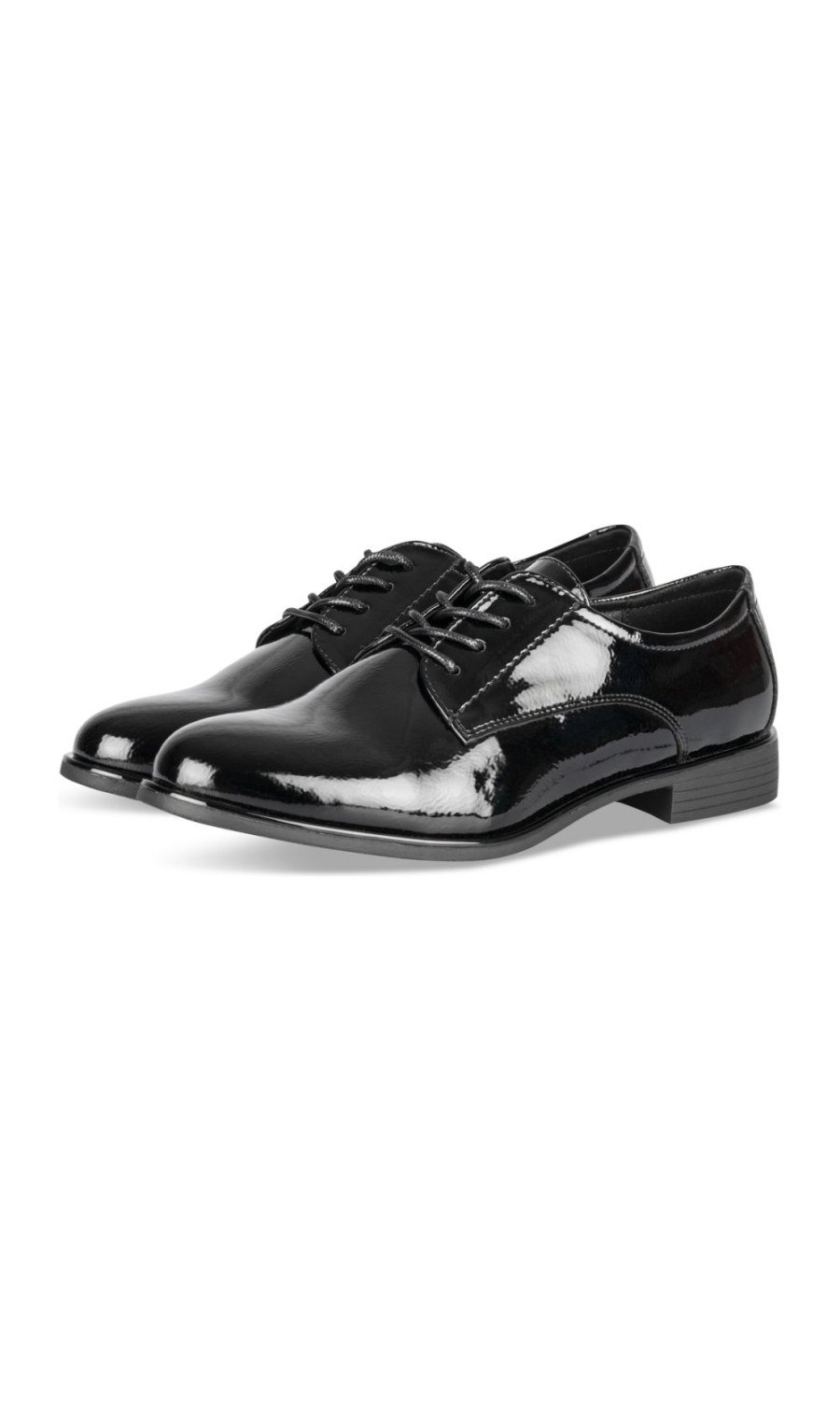 Black patent low-heel derbies