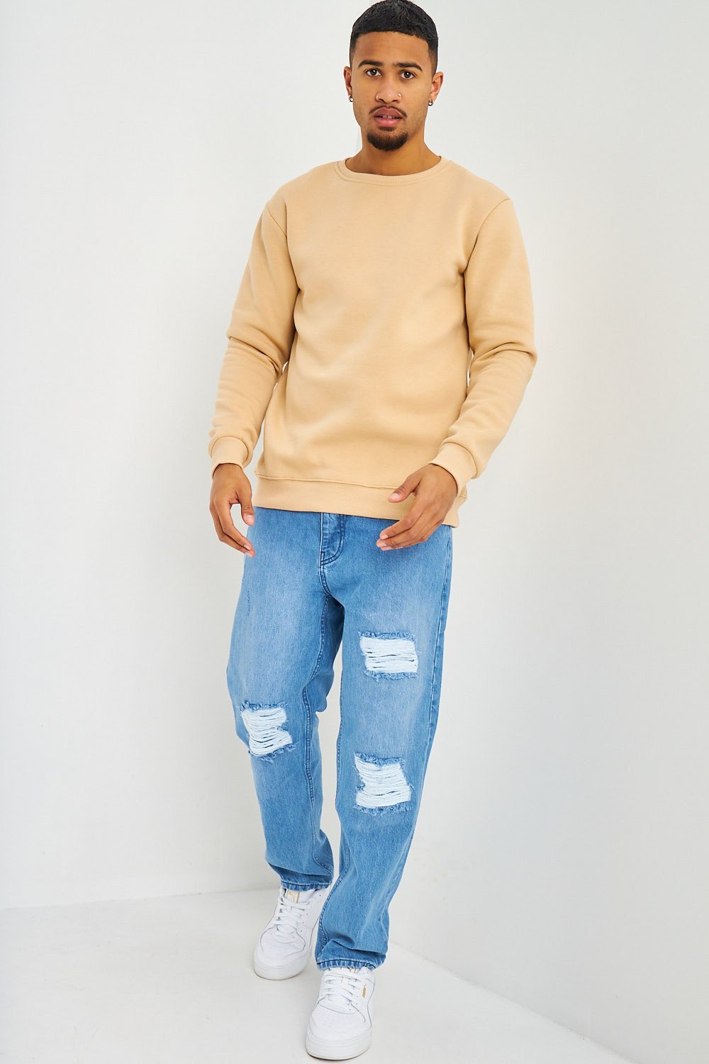 Beige fleece-lined crew-neck sweatshirt