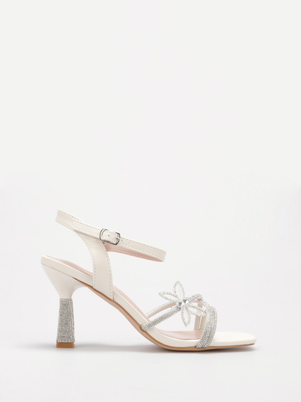 Beige rhinestone butterfly stiletto sandals