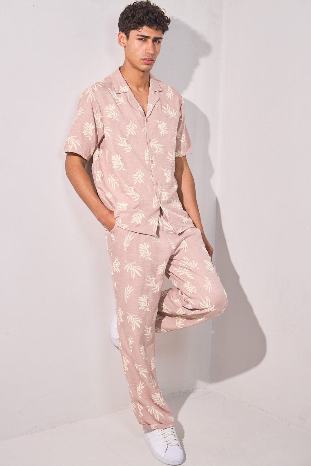 Pink leaf print shirt and trousers set