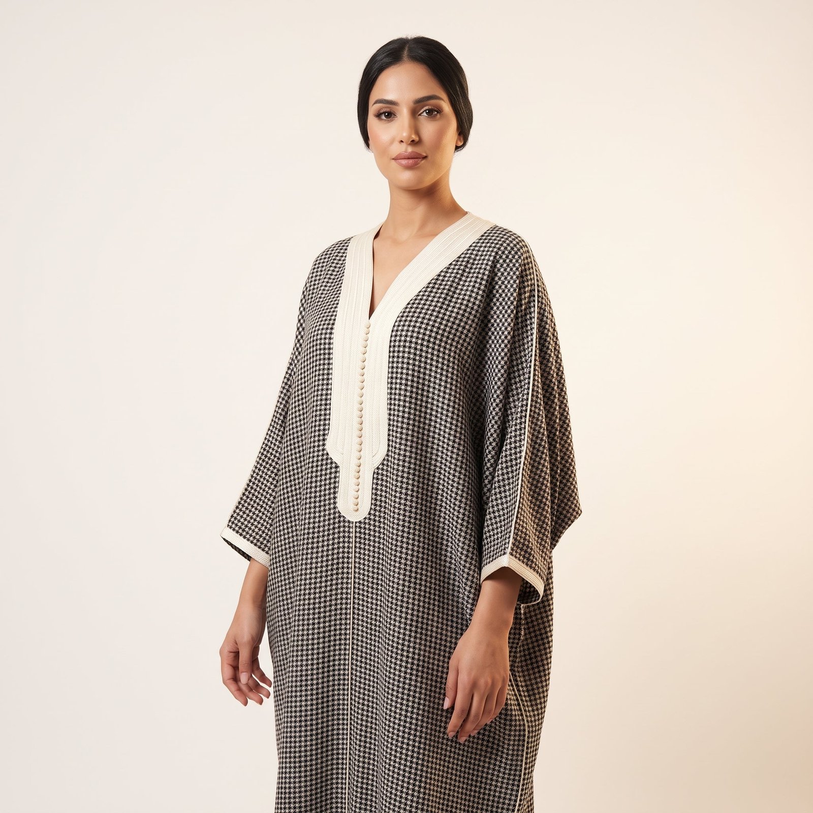 Black houndstooth caftan with ivory sfifa