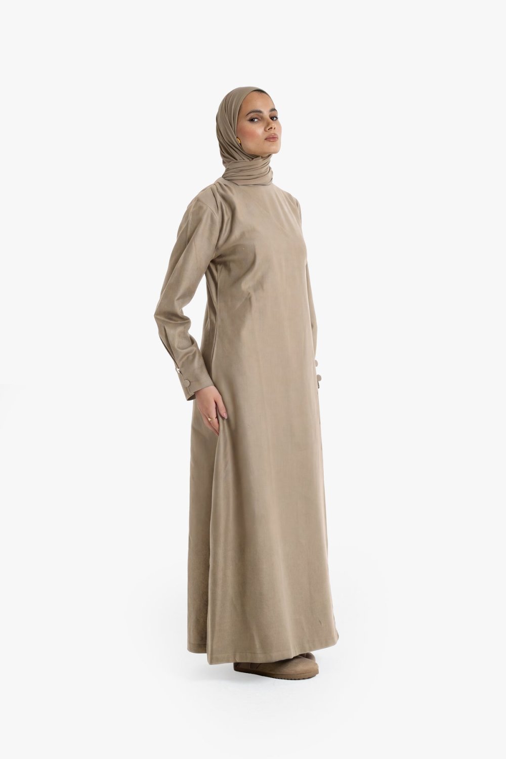 Cotton Tencel side-button wrap dress - Beige