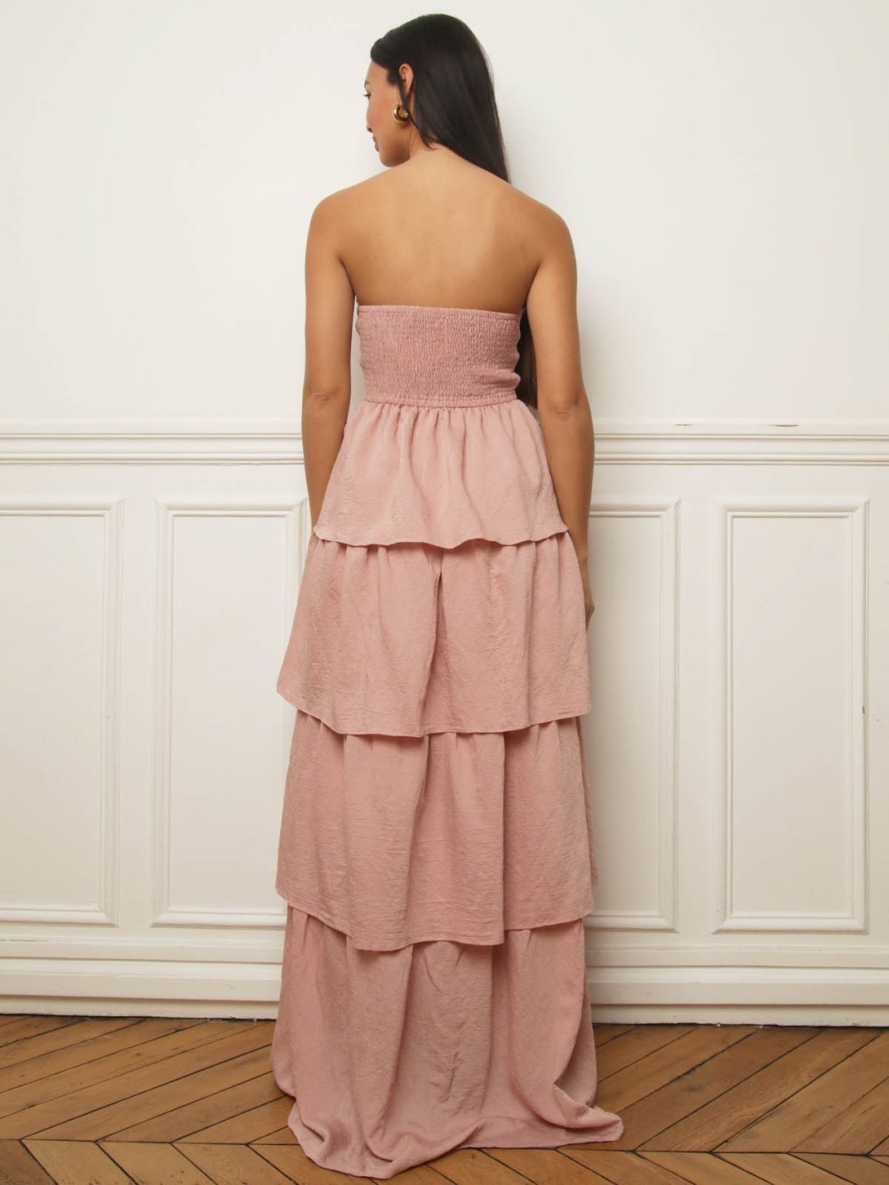 Robe bustier longue à volants rose