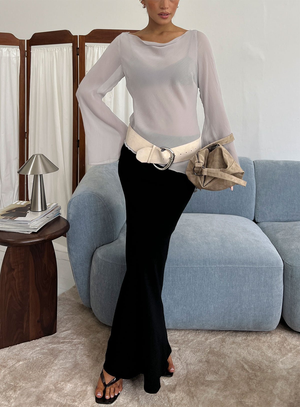 Low-rise linen blend maxi skirt
