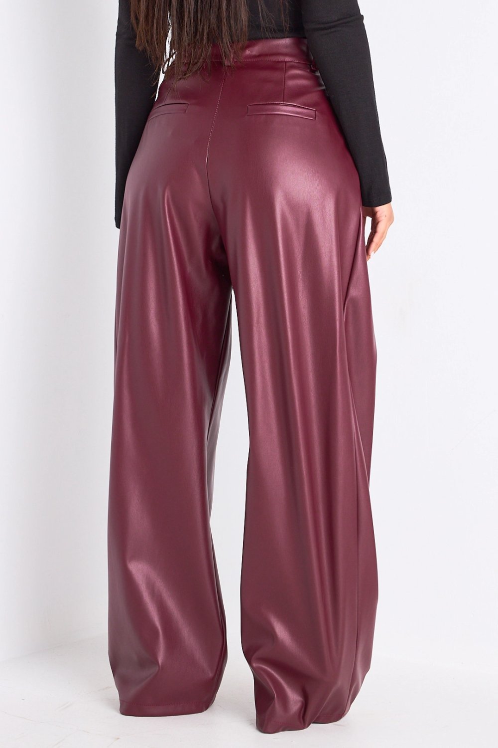 Burgundy faux leather straight trousers