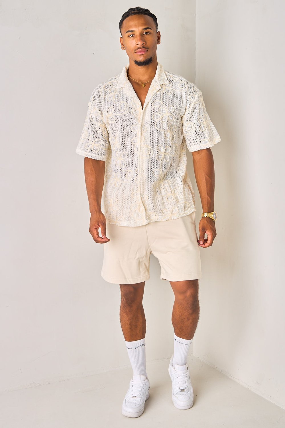 Chemise en maille brodée beige