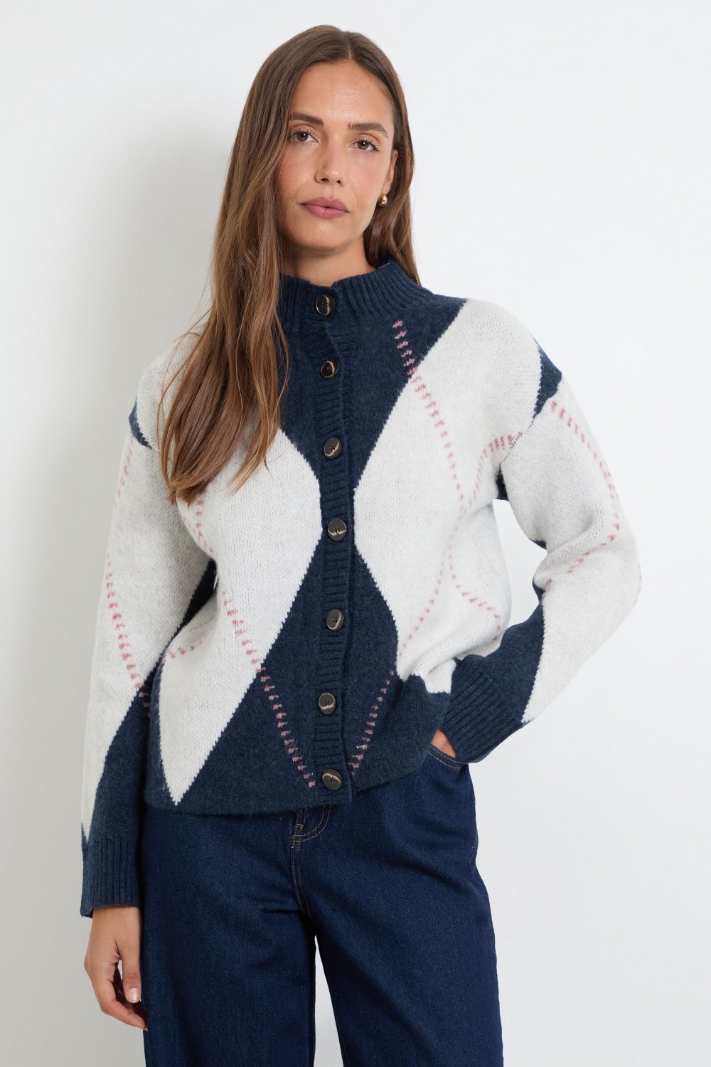 Cardigan col cheminée b losanges