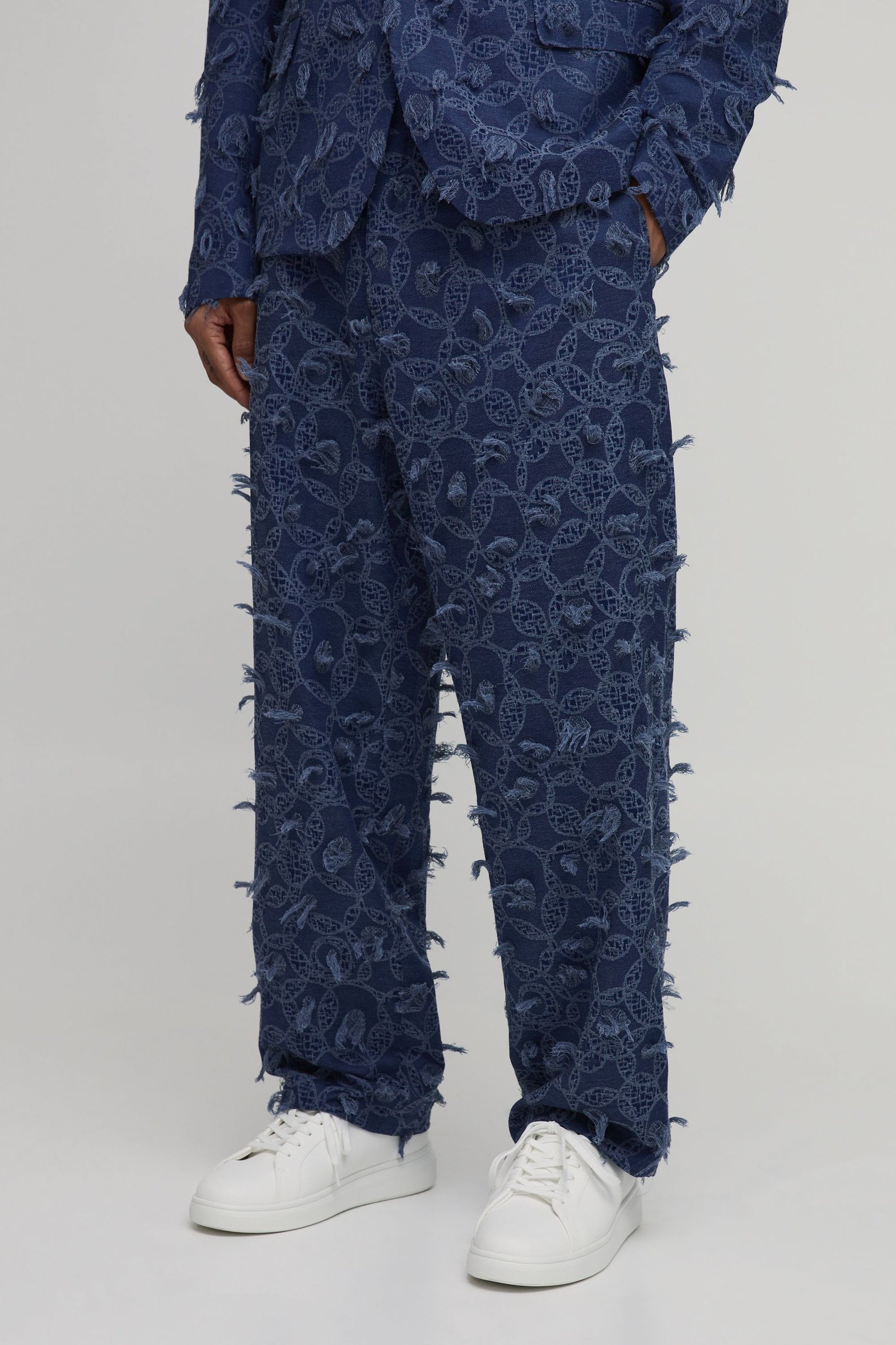 Relaxed Fit Textured Denim Look Tailored Trousers