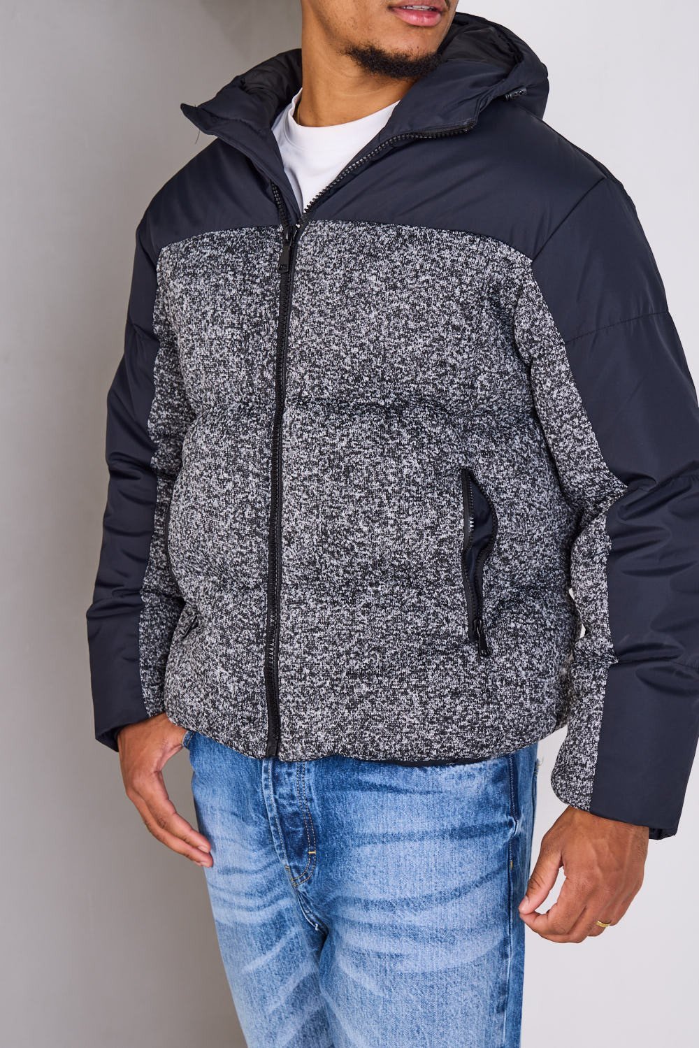Black hooded puffer with marl panel