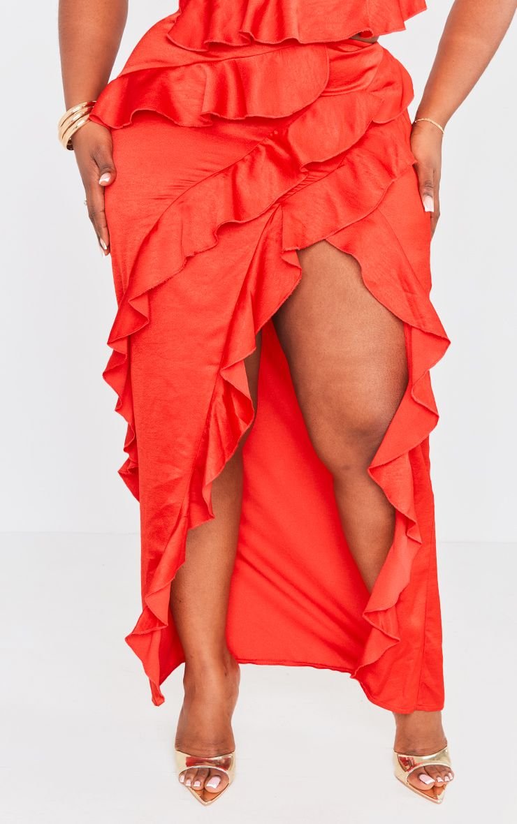 Jupe midi f satin b volants w fente - Grande taille