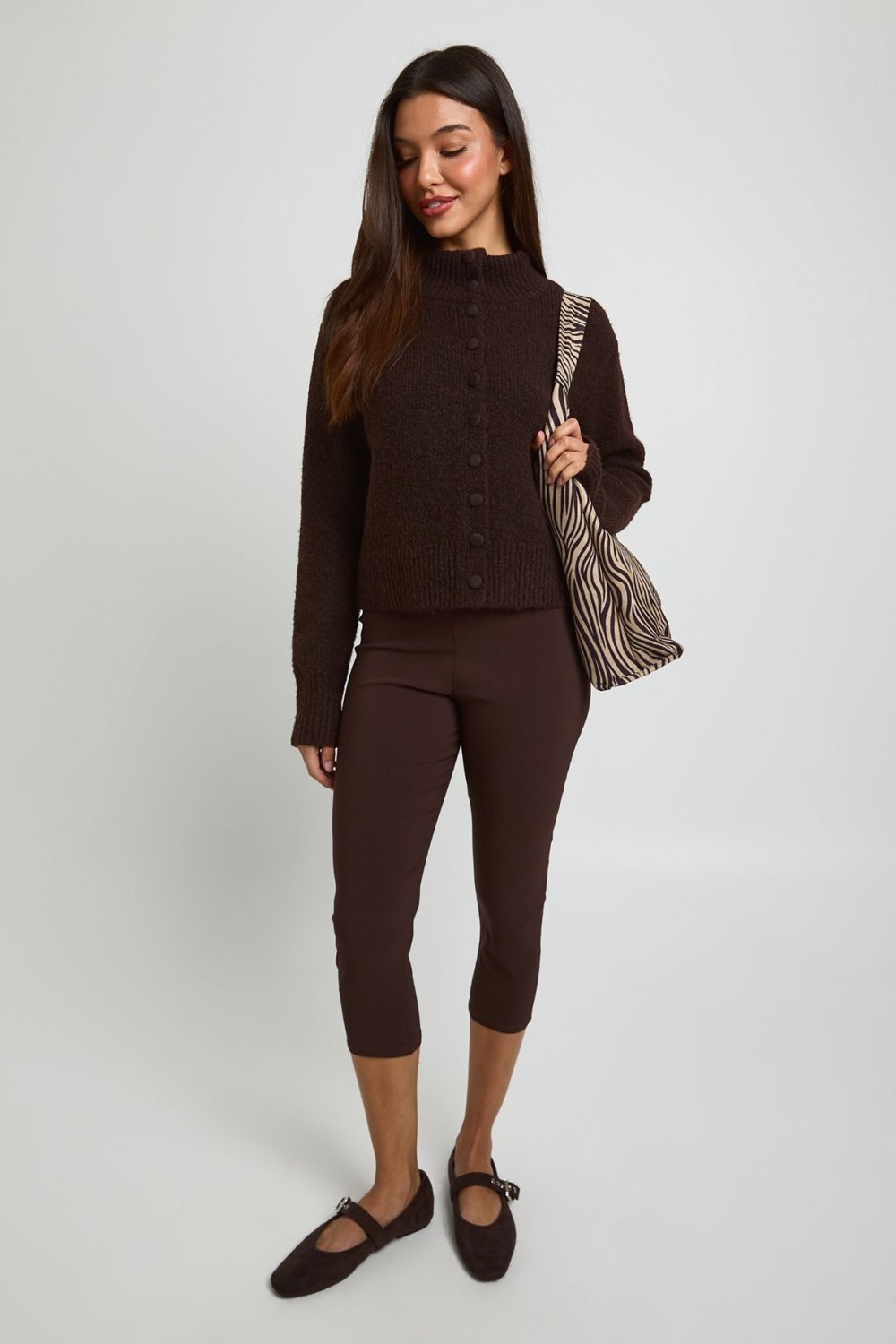 Cardigan col montant boutonné chocolat