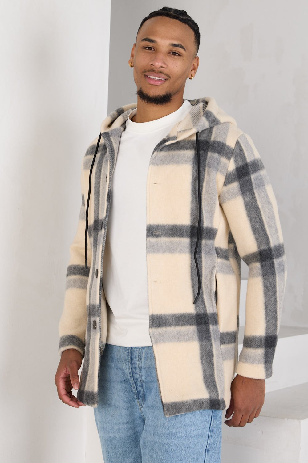 Ecru fleece jacket with grey stripes